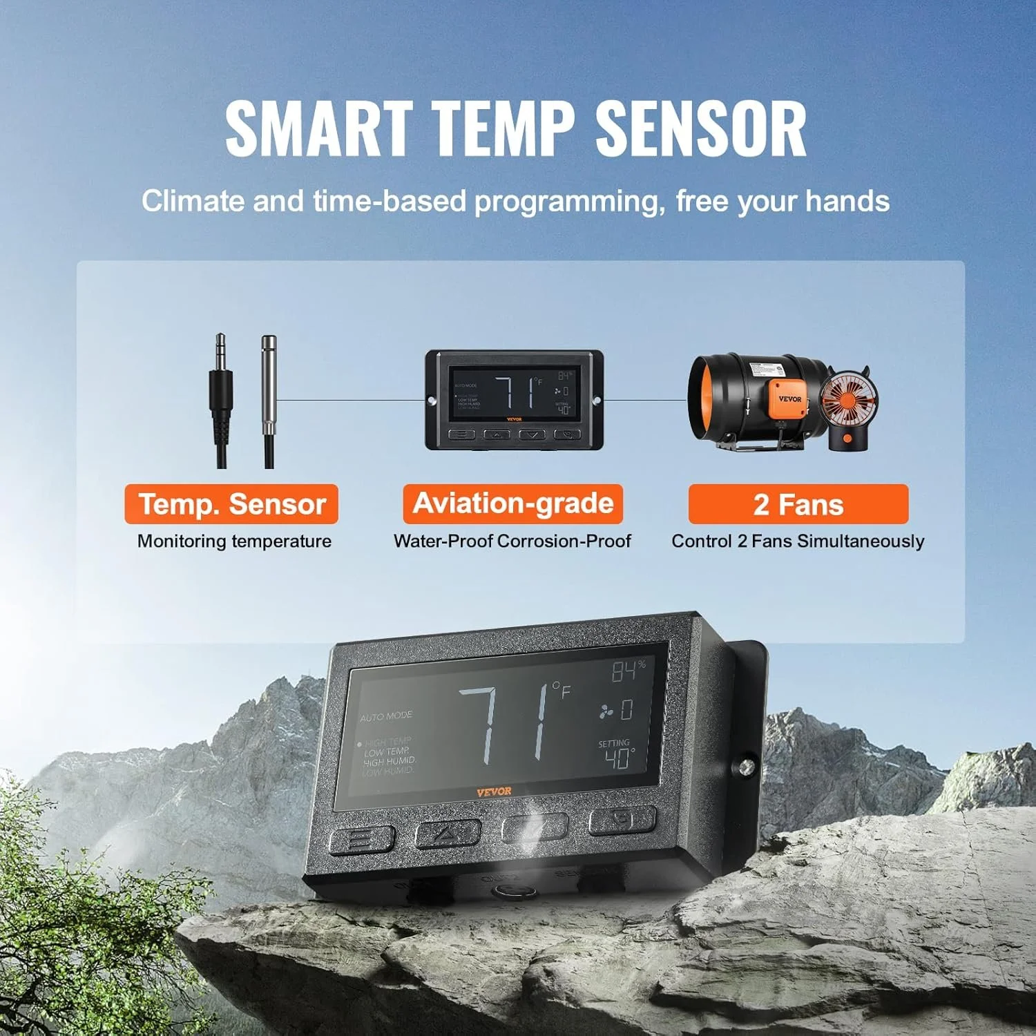 Канальный вентилятор VEVOR GX-08-200 с контроллером температуры и влажности / 200 мм / Тихий / Черно-Оранжевый, фото №3 Канальный вентилятор VEVOR GX-08-200 с контроллером температуры и влажности / 200 мм / Тихий / Черно-Оранжевый, фото №3