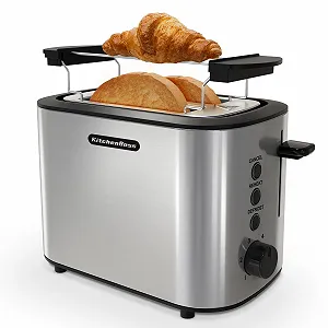 Тостер KitchenBoss з нержавіючої сталі на 2 скибочки з насадкою для булочок, 6 рівнів підсмажування, з автоматичним вимкненням, функцією розморожування та функцією підігріву, 870 Вт - Фото 1