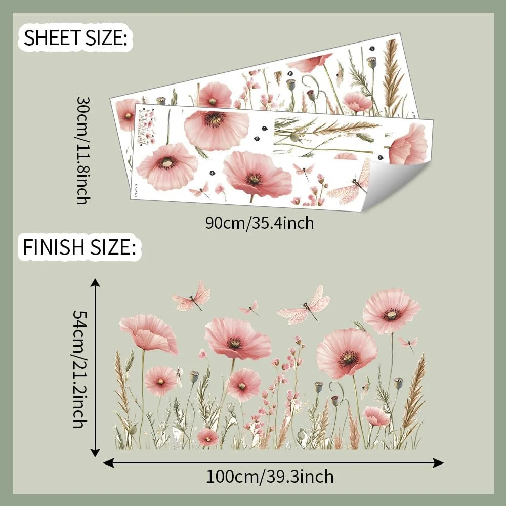 Наклейка на стіну Квіти та бабки Акварель Вінілова 54 x 100 см, фото №6