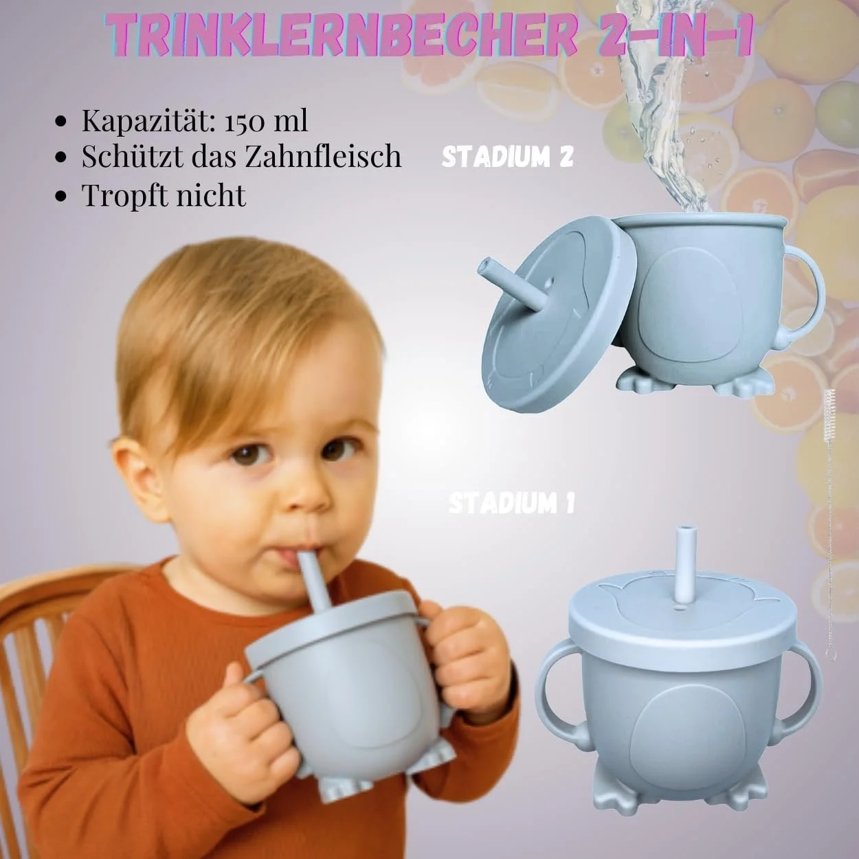 Набір силіконового дитячого посуду FlexiTot з присоскою, мискою, поїльником, слинявчиком та столовими приборами Синій, фото №5 Набір силіконового дитячого посуду FlexiTot з присоскою, мискою, поїльником, слинявчиком та столовими приборами Синій, фото №5