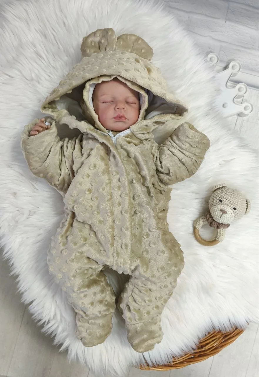 Плюшевий комбінезон та шапочка для новонародженого, теплий сліп бежевий, фото №1