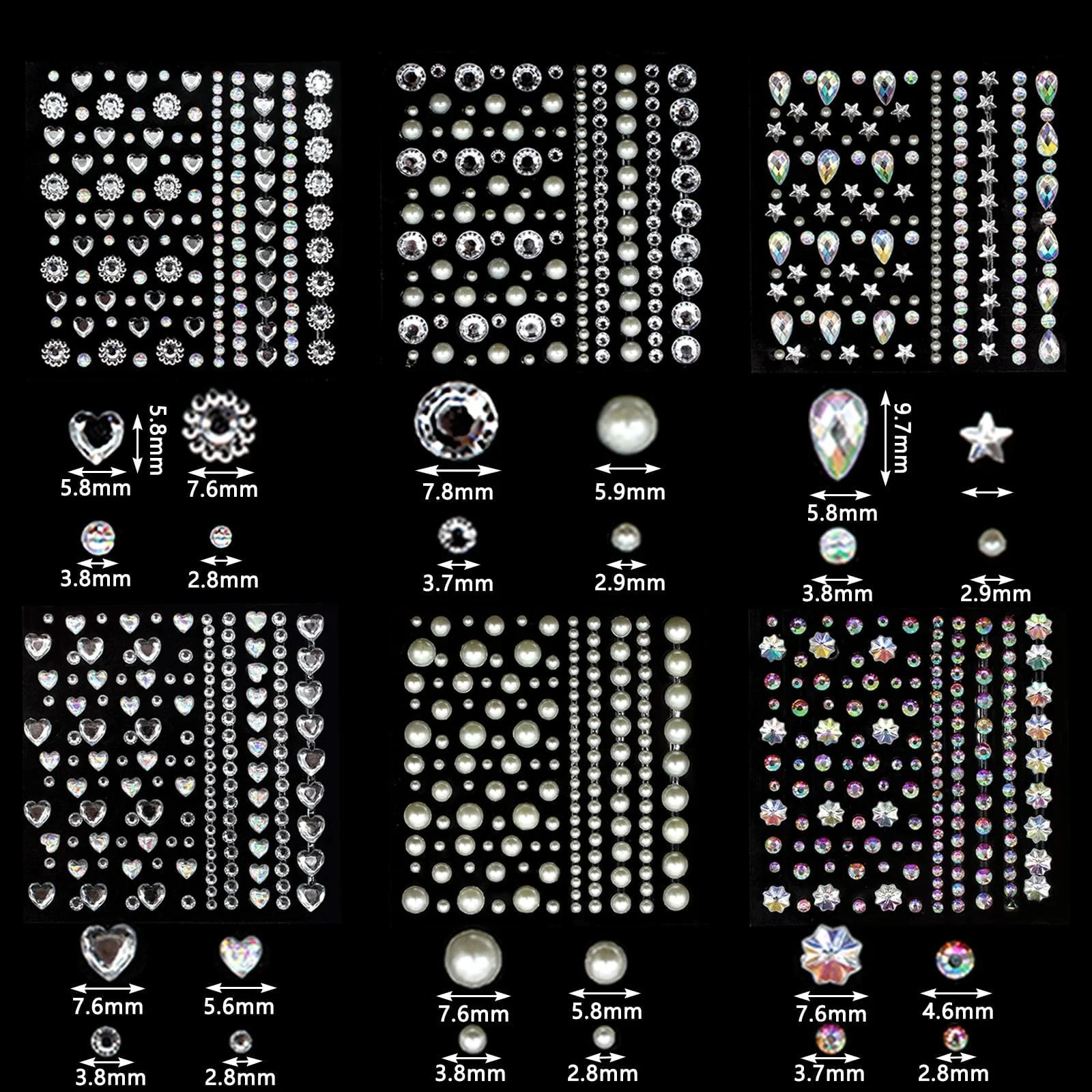 Стрази для рукоділля 900 шт., самоклеючі блискучі камінці для обличчя, блискітки для карнавалу, DIY прикраси для макіяжу обличчя, фото №2