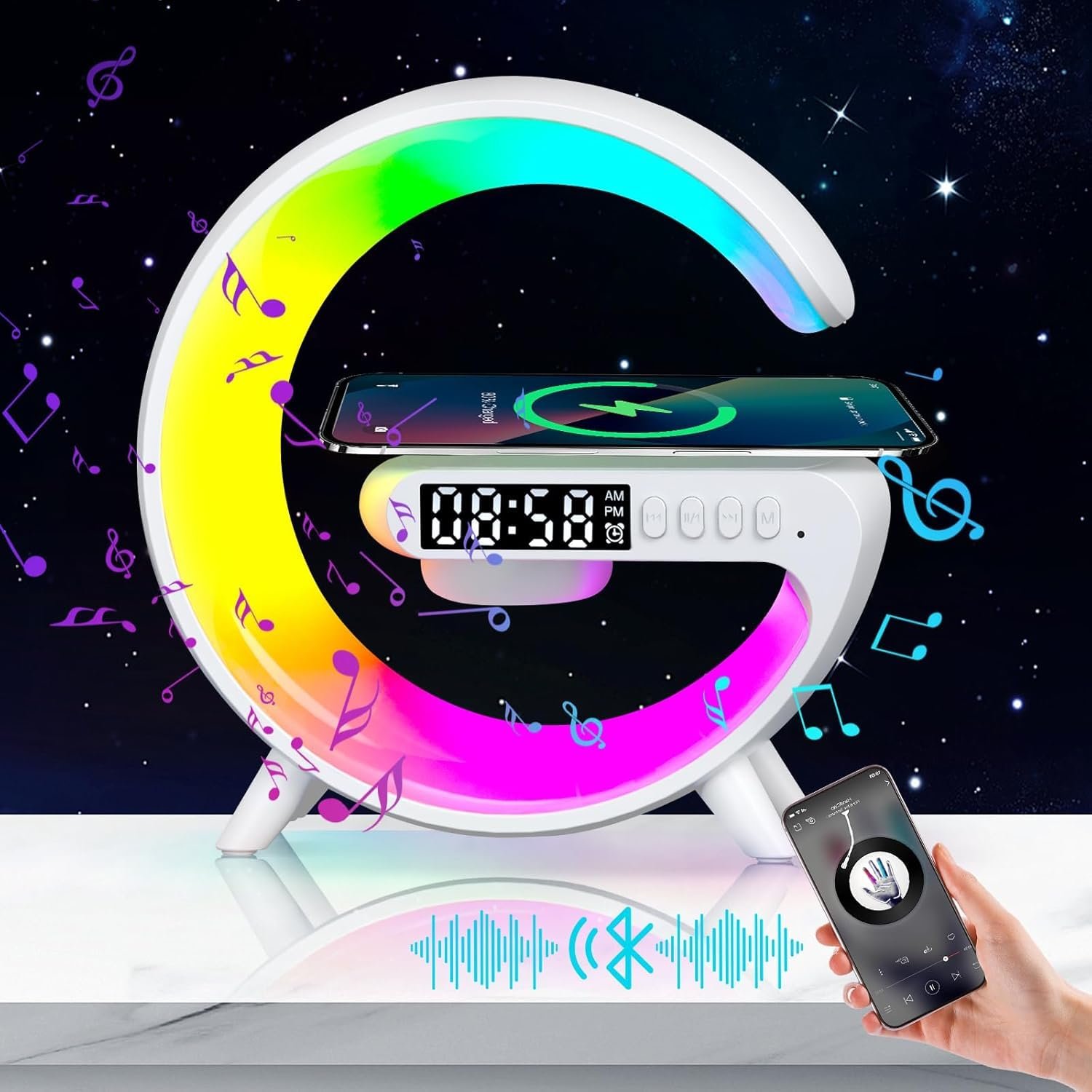 Настільна лампа LED Приліжкова Діммована Зарядка Будильник Bluetooth-динамік G-Type Атмосферна USB A, фото №1