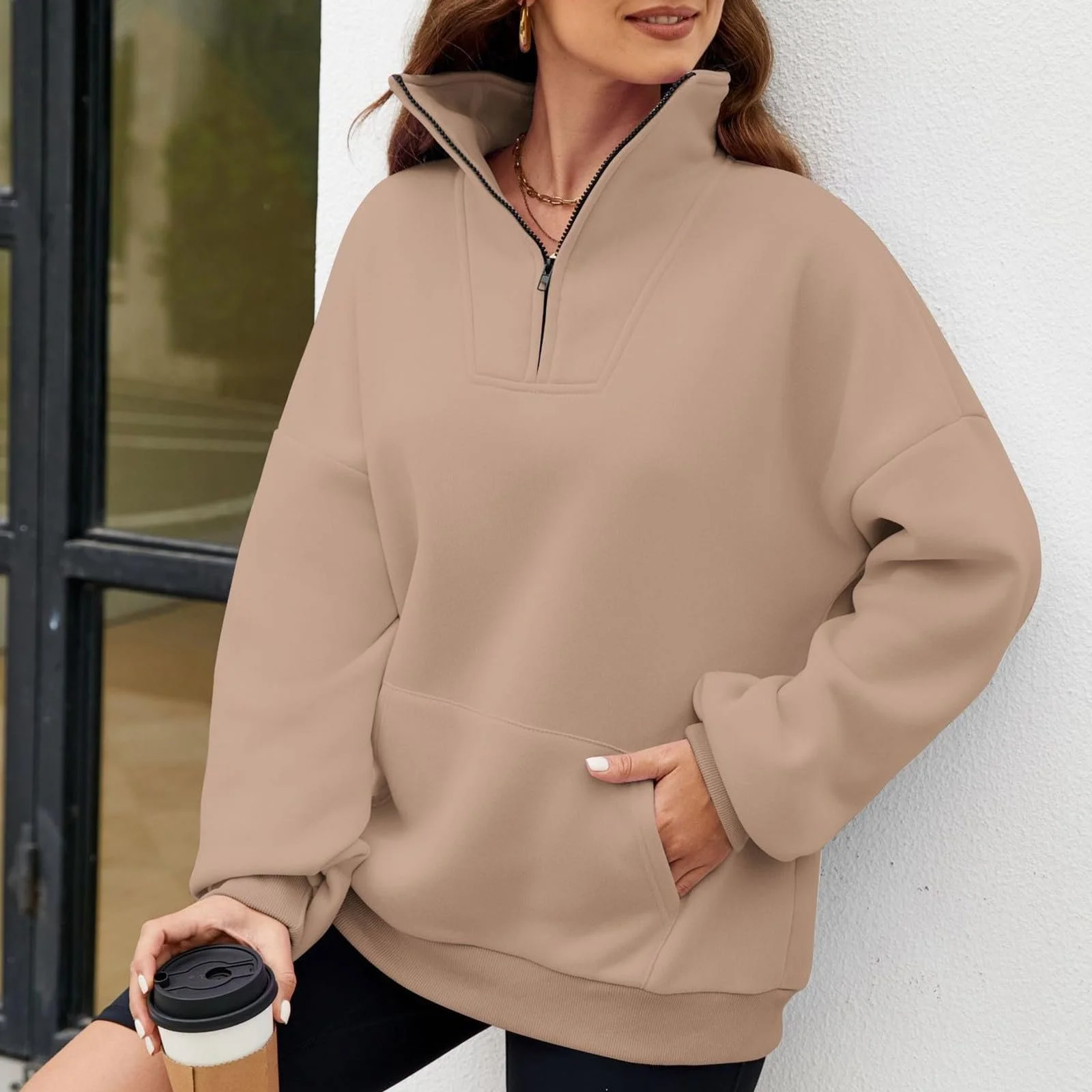 Женский свитшот 2025 Полумолния Свободный крой Y2K Стойка Воротник Четверть молнии Забавный Повседневный Однотонный Флисовая подкладка Зима Осень Модный Колледж Милый, фото №4