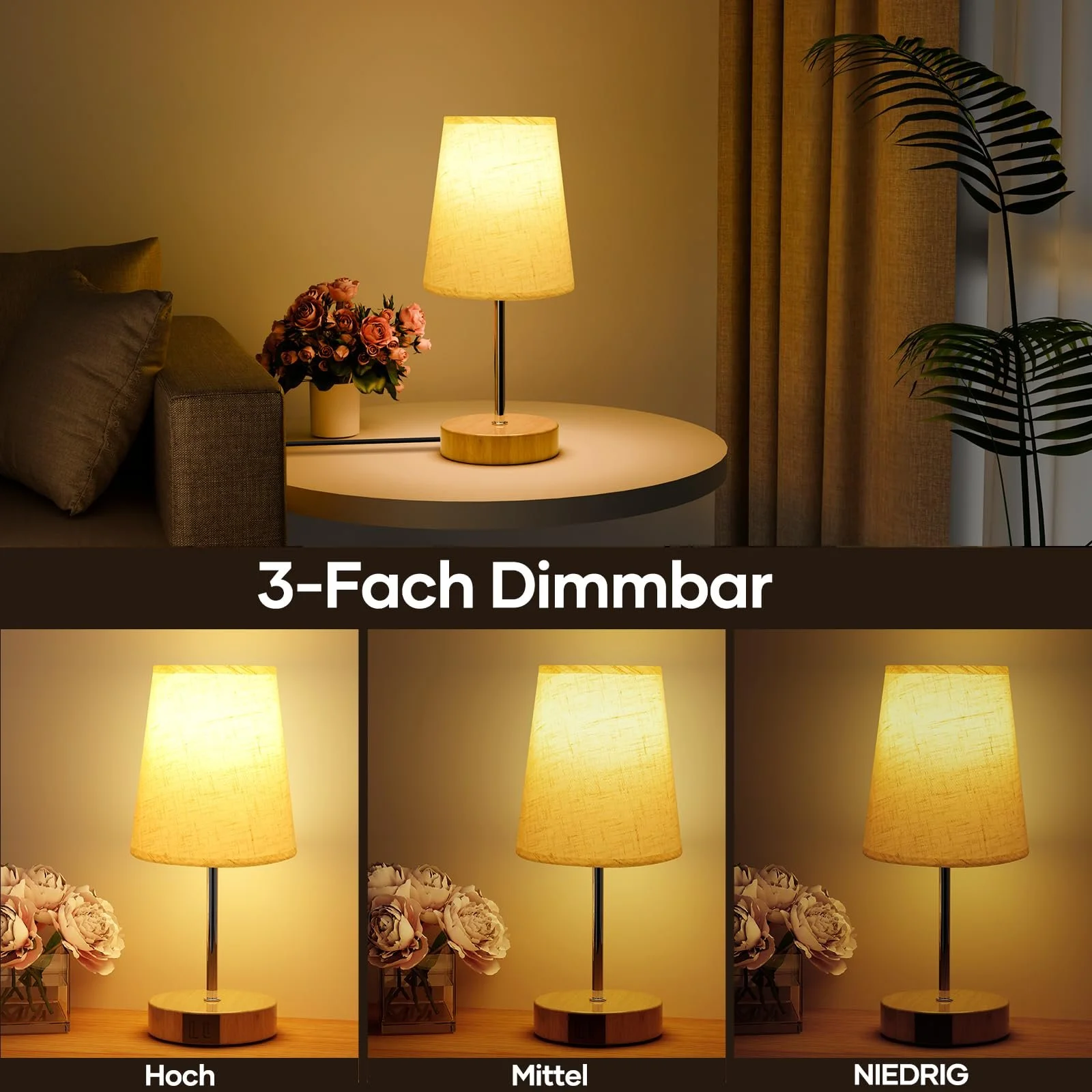 Приліжкова лампа Suright сенсорна диммована USB A+C лляний абажур дерев'яна основа LED лампа в комплекті, фото №3