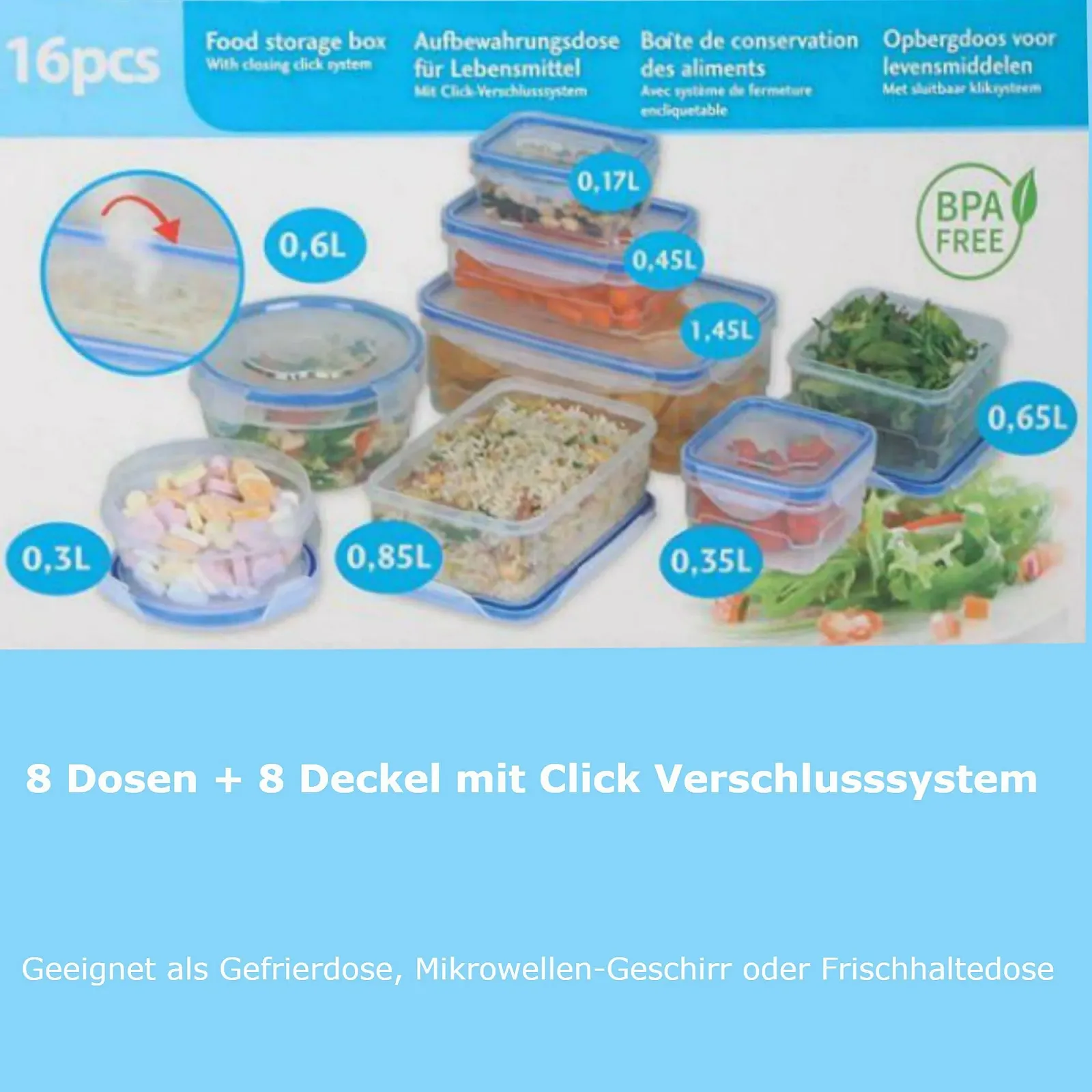 Набір контейнерів для зберігання продуктів Click System 16 штук для мікрохвильової печі та посудомийної машини BPA Free Прозорий, фото №3