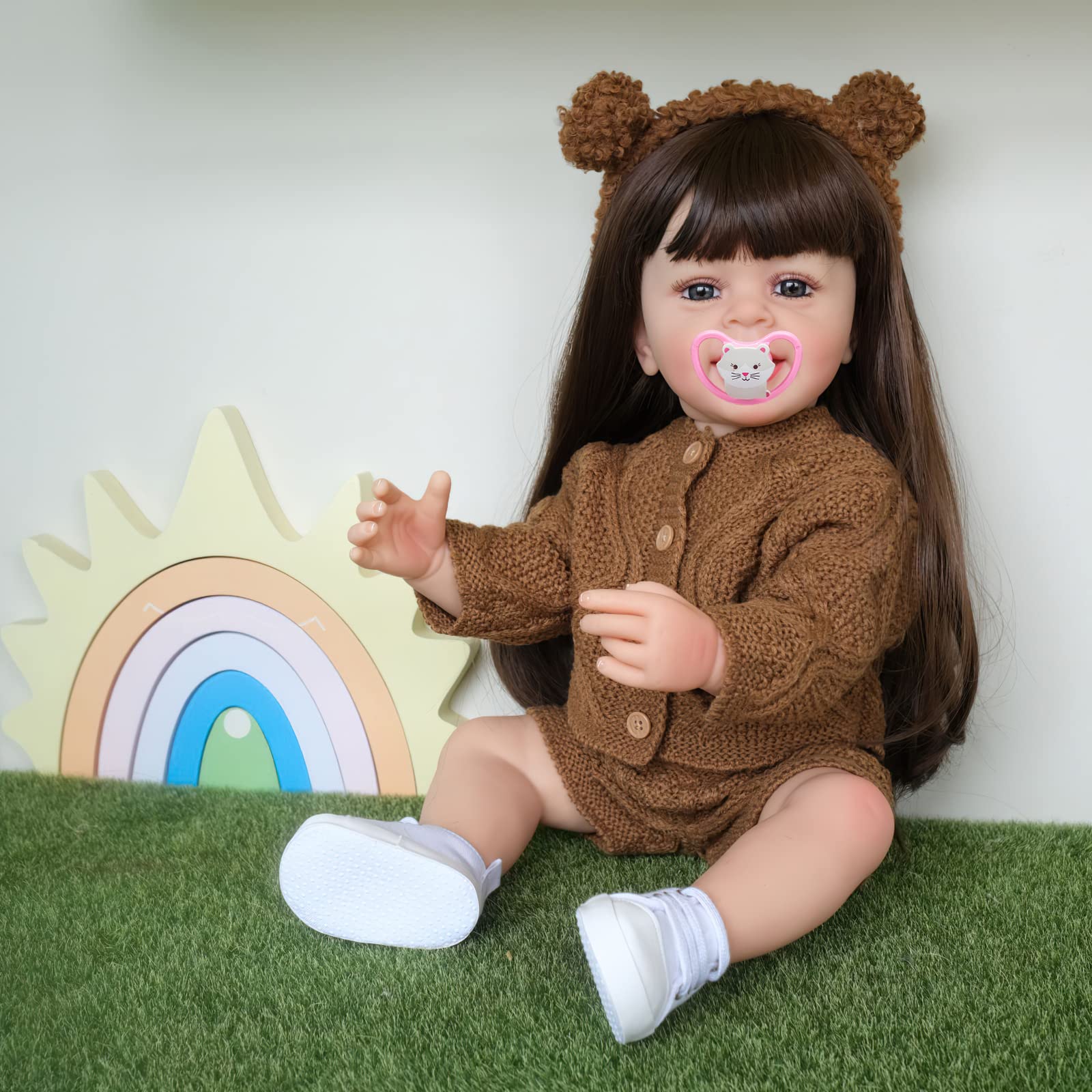 Лялька MineeQu 22 Inch Reborn Full Body Silicone Vinyl Anatomically Correct Smiling Newborn Realistic Toddler Girl Brown Wool, фото №3