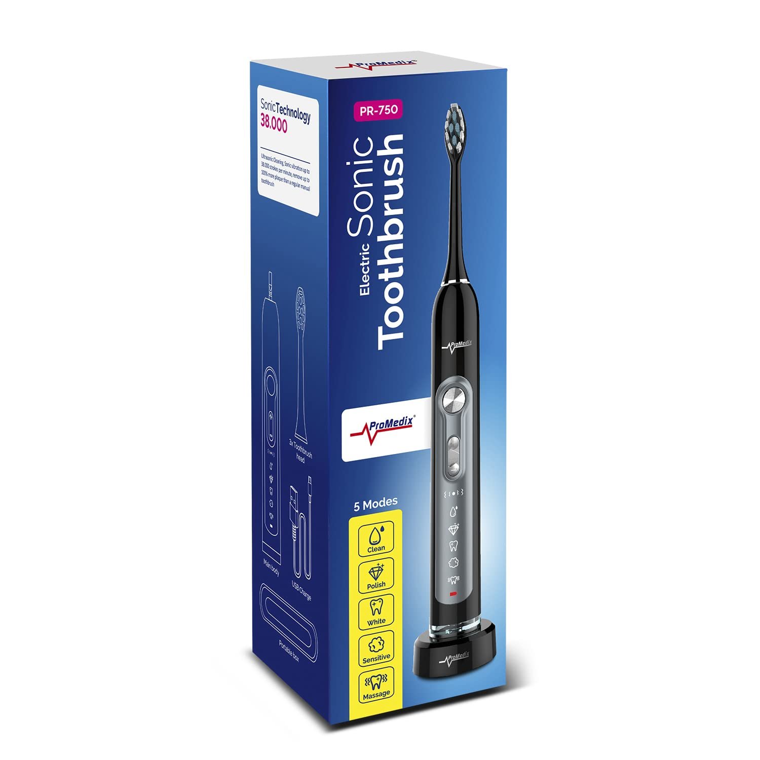 Зубная щетка звуковая Promedix PR-750 Professional Diamond Smile, IPX7, беспроводная, 5 режимов, таймер, 3 уровня мощности, 3 насадки, черная или белая, чехол, USB, фото №5