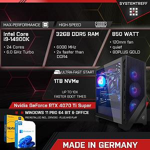 Комп'ютер SYSTEMTREFF High-End Gaming PC Intel Core i9-14900K 24x6GHz Nvidia GeForce RTX 4070 Ti Super 16GB DX12 1TB M.2 NVMe 32GB DDR5 RAM WLAN ціна на synthetic.ua - Фото 1 Комп'ютер SYSTEMTREFF High-End Gaming PC Intel Core i9-14900K 24x6GHz Nvidia GeForce RTX 4070 Ti Super 16GB DX12 1TB M.2 NVMe 32GB DDR5 RAM WLAN synthetic.ua - Фото 1