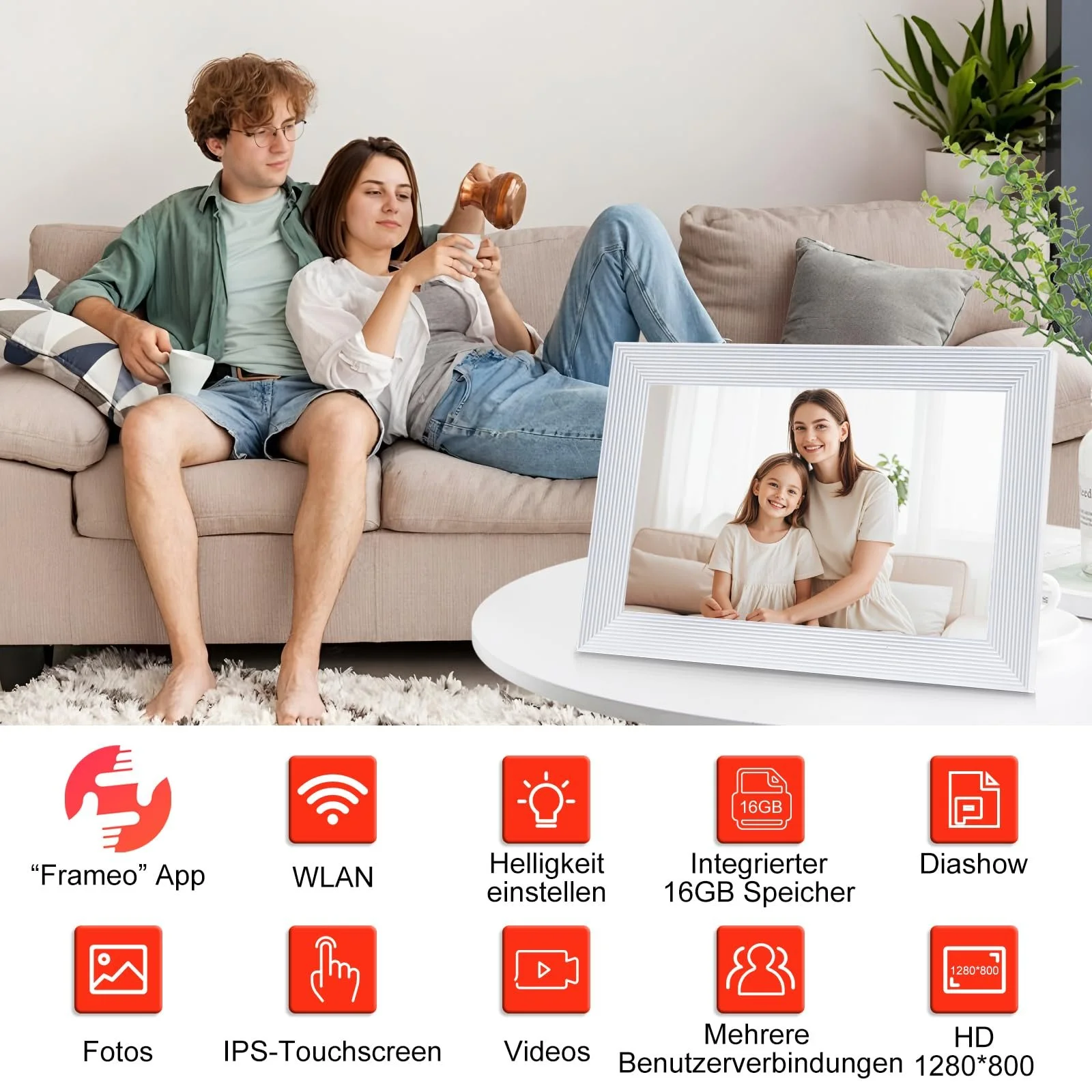 Цифровая WLAN фоторамка Jaihonda 10 дюймов 16 GB 1280 x 800 Сенсорный экран Белый, фото №5