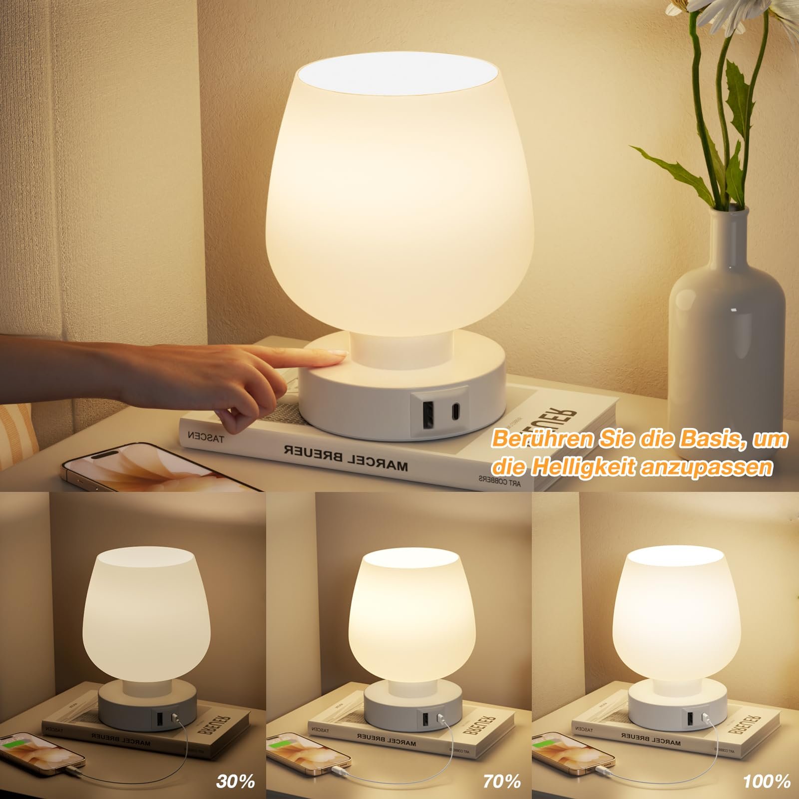 Настільна лампа PreeOtti сенсорна з регулюванням яскравості біла з роз'ємами USB A+C LED мала скляна з кабелем, фото №2