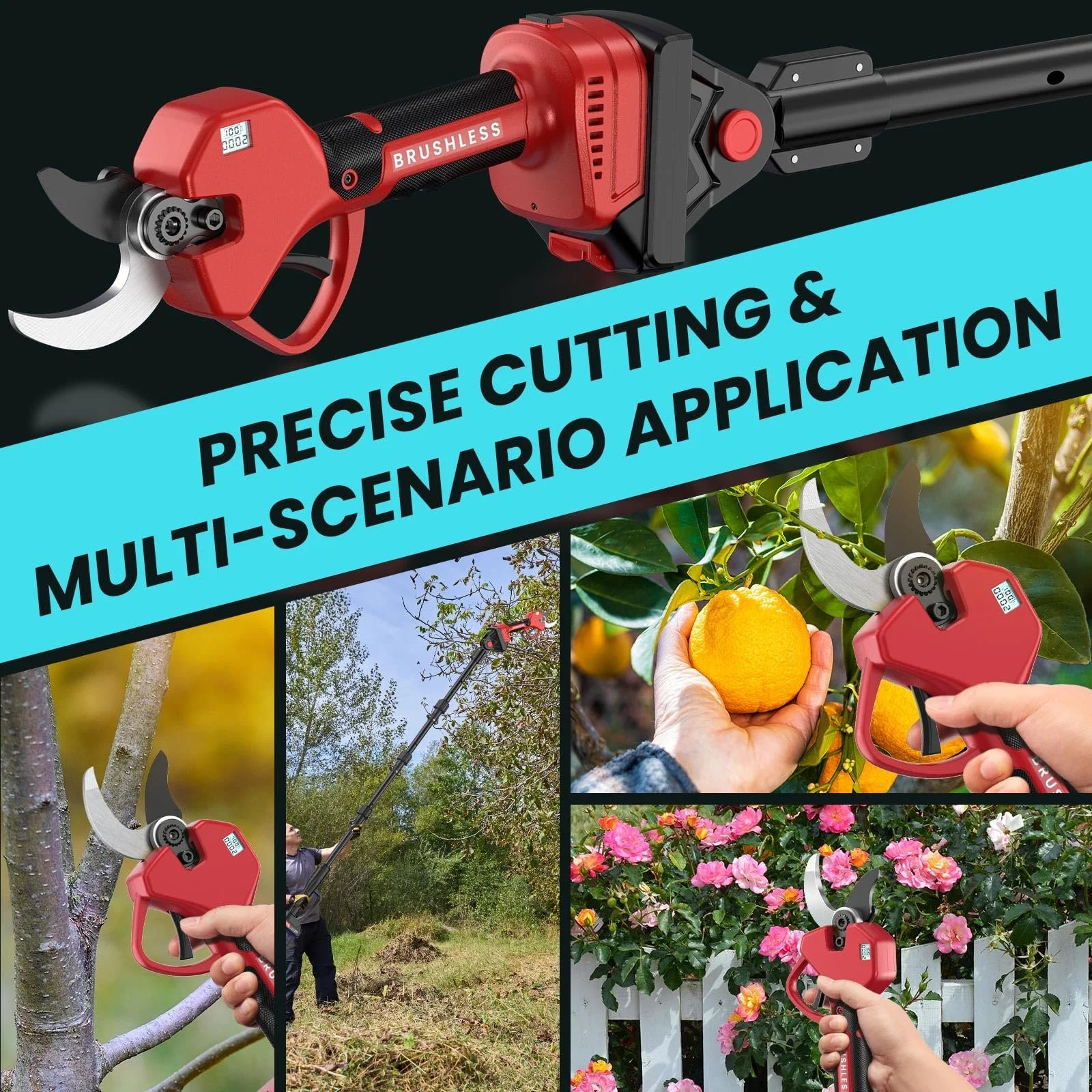 Акумуляторний сучкоріз 2-в-1 з телескопічною штангою 50 мм з 2 акумуляторами 21 В 2000 мАг, РК-дисплеєм, подовженням 2,5 м, 6-10 годинами роботи, безщітковим двигуном, фото №8