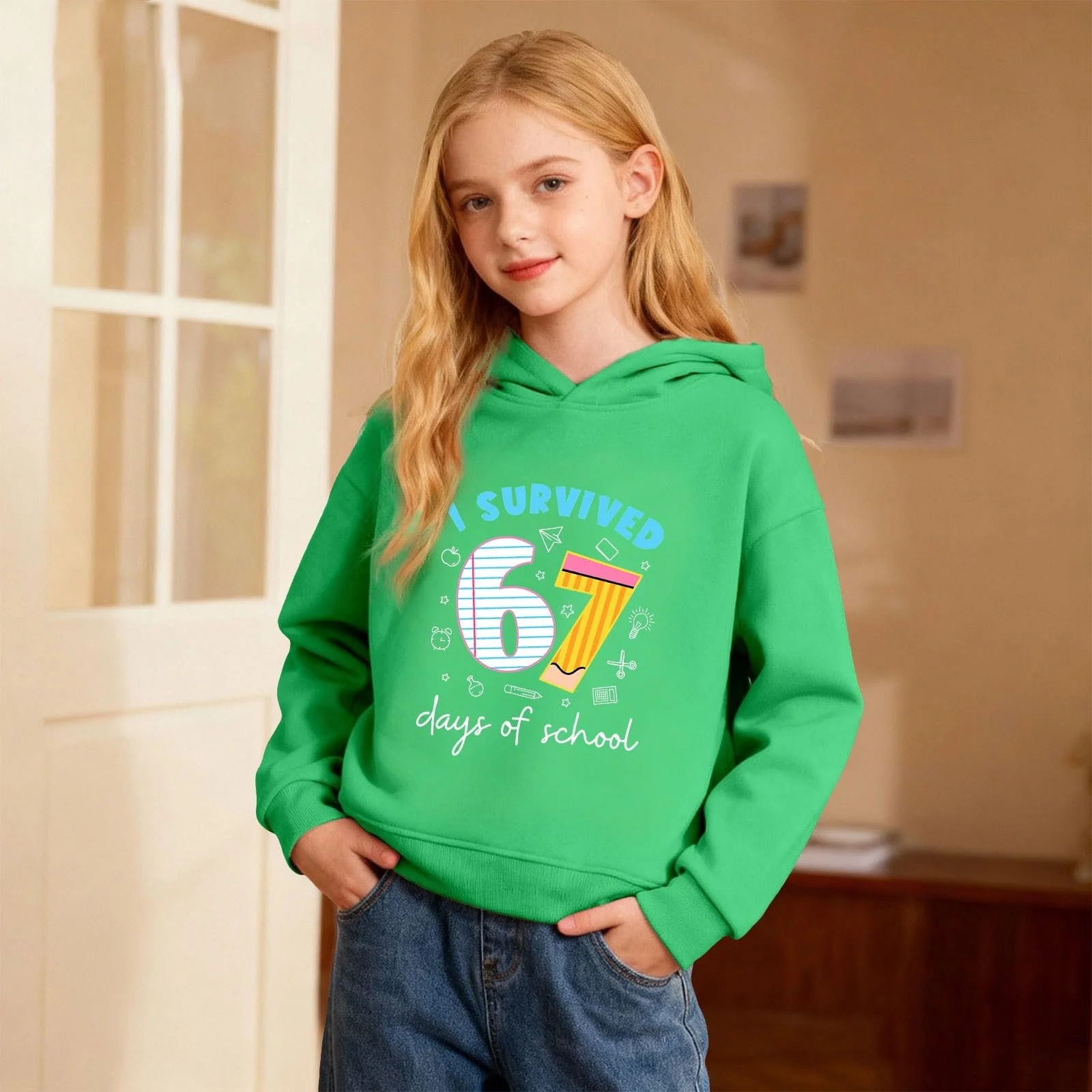 Толстовка з капюшоном для дітей 67, з принтом мема, святкова, з довгими рукавами, теплий одяг для вечірок, фото №4