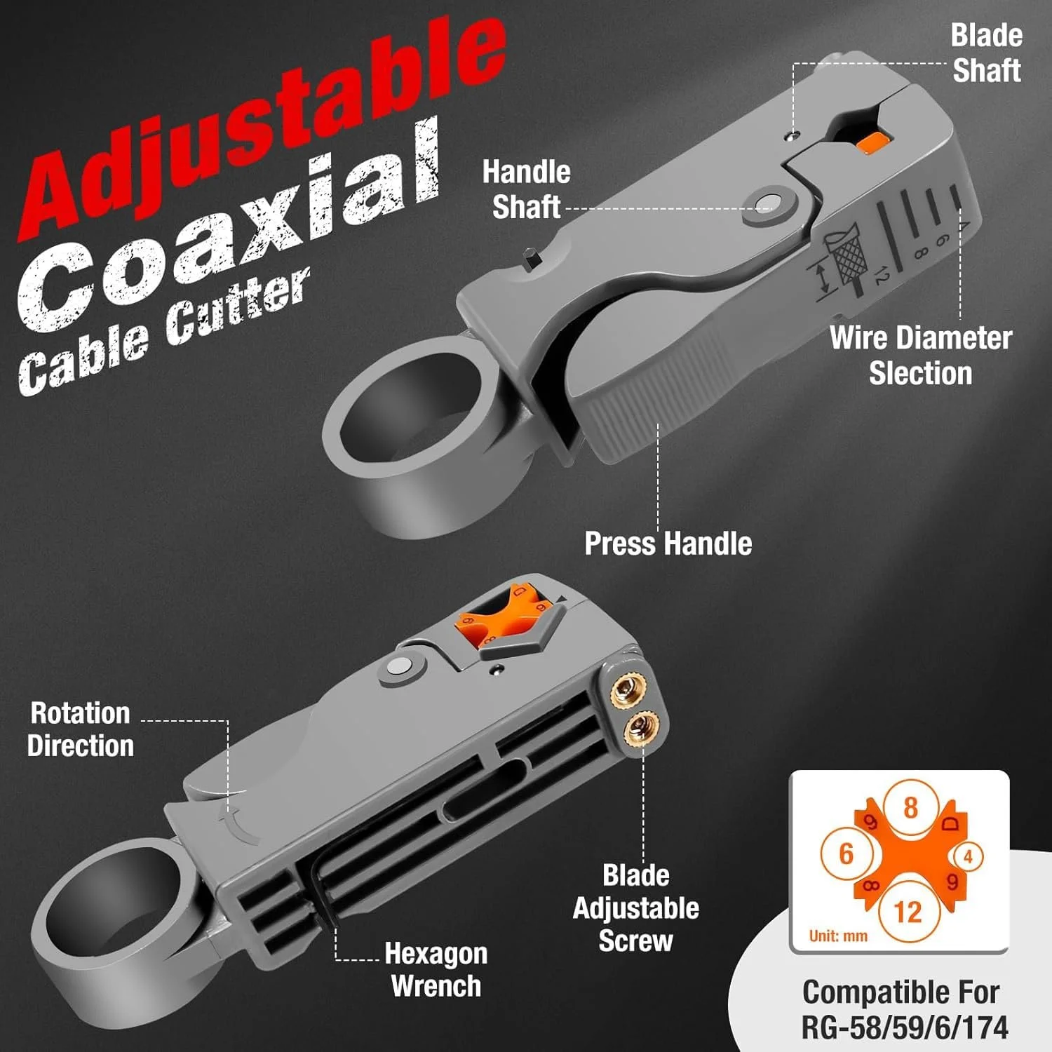 Кримпер для коаксиального кабеля Greluma RG59 RG6 3 в 1 с разъемами и стриппером, фото №2