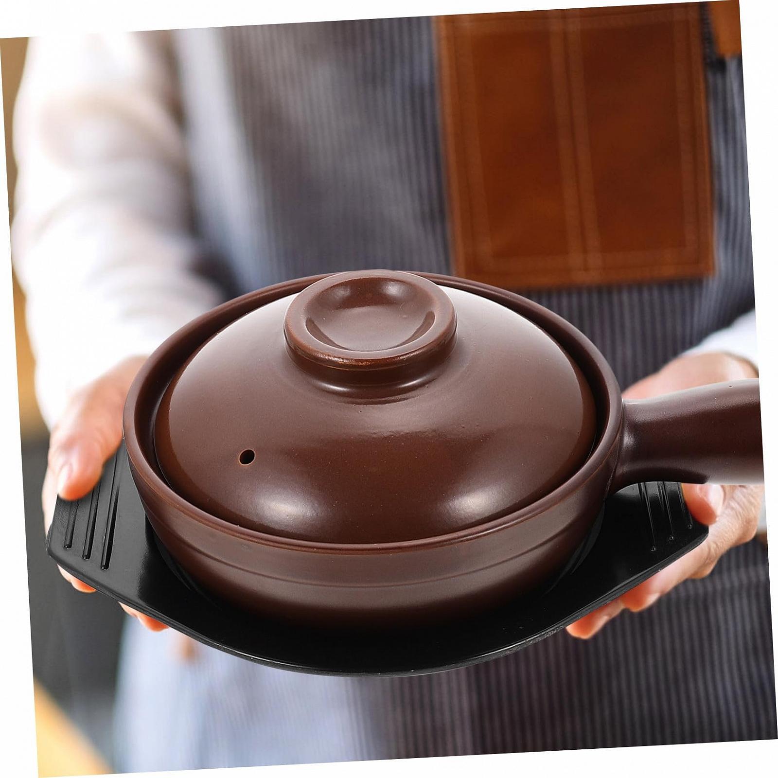 Кастрюля для тушения керамическая Термостойкая с ручками и подставкой Коричневая, фото №4