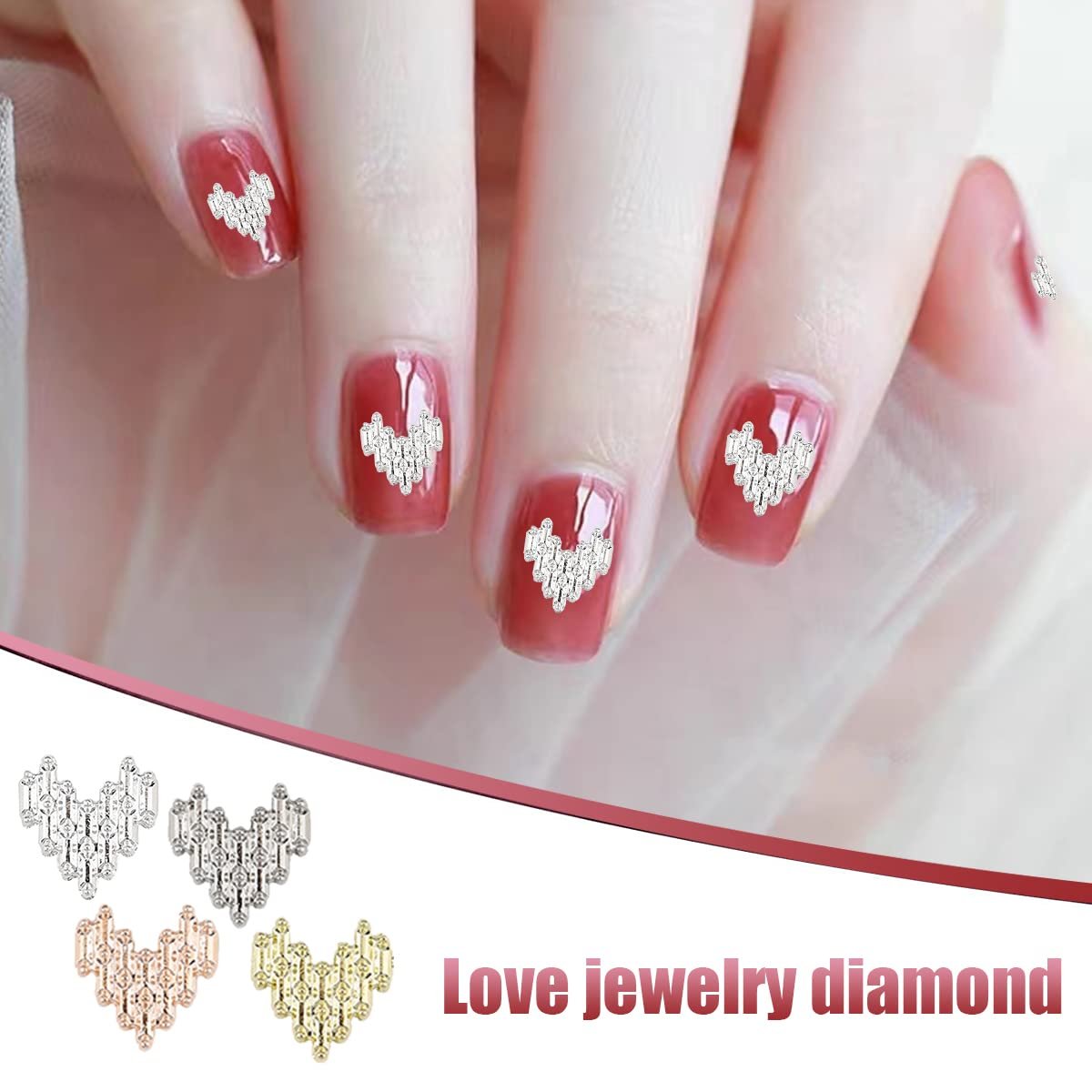 Прикраса для нігтів Серце, 80 шт, блискучі 3D камені у формі серця аксесуари для манікюру, DIY вироби, золото, срібло, рожеве золото, фото №3
