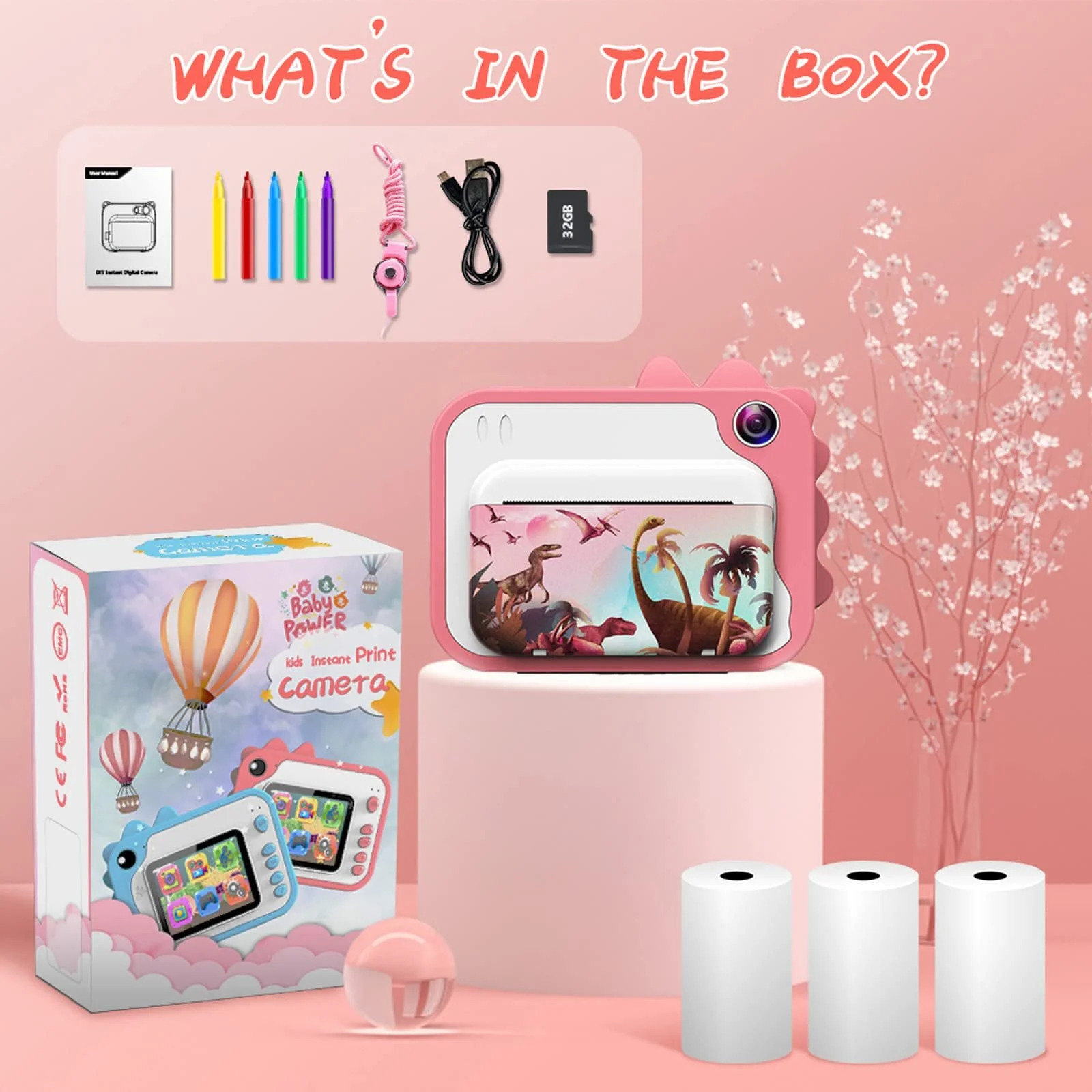 Цифровая камера мгновенной печати 1080P 2.4" с картой памяти 32GB, 3 рулонами бумаги и 5 фломастерами Черно-белая, фото №6