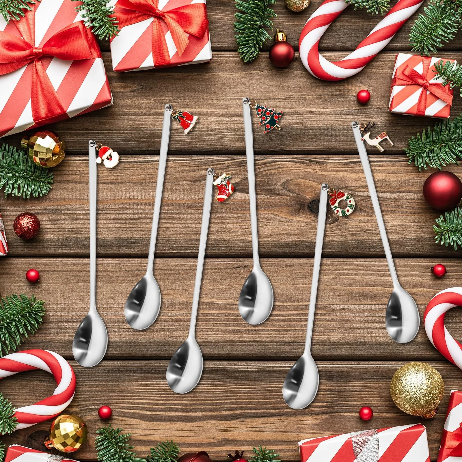 Набор рождественских ложек 6 шт, Рождественские столовые приборы Кофейные ложки, Рождественский набор столовой посуды, Рождественская ложка из нержавеющей стали для украшения рождественского стола, фото №4