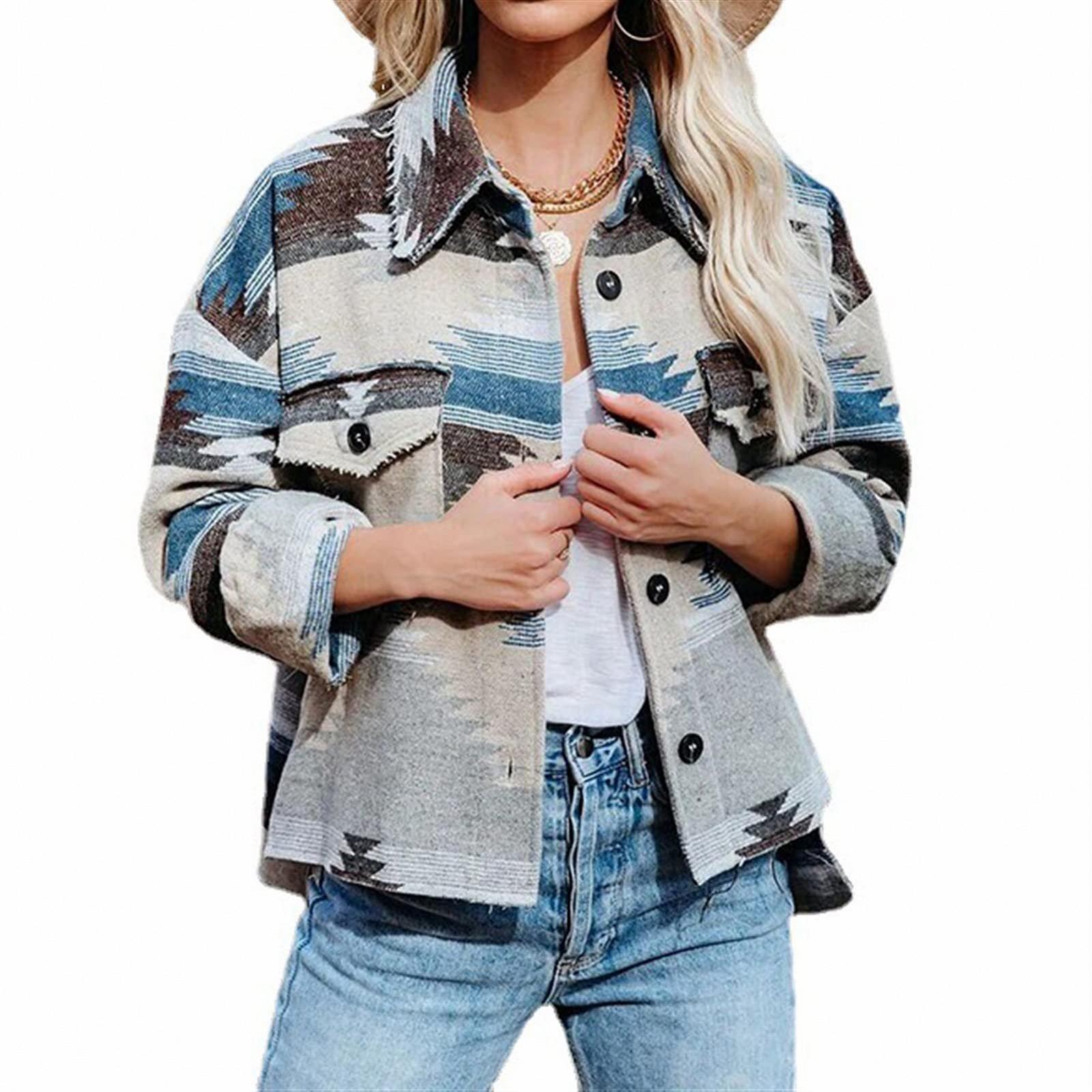 Джинсова куртка Sawmew Жіноча з геометричним принтом Довгий рукав Піджак Shacket Ковбойський Денім Пальто з кишенями, фото №1 Джинсова куртка Sawmew Жіноча з геометричним принтом Довгий рукав Піджак Shacket Ковбойський Денім Пальто з кишенями, фото №1