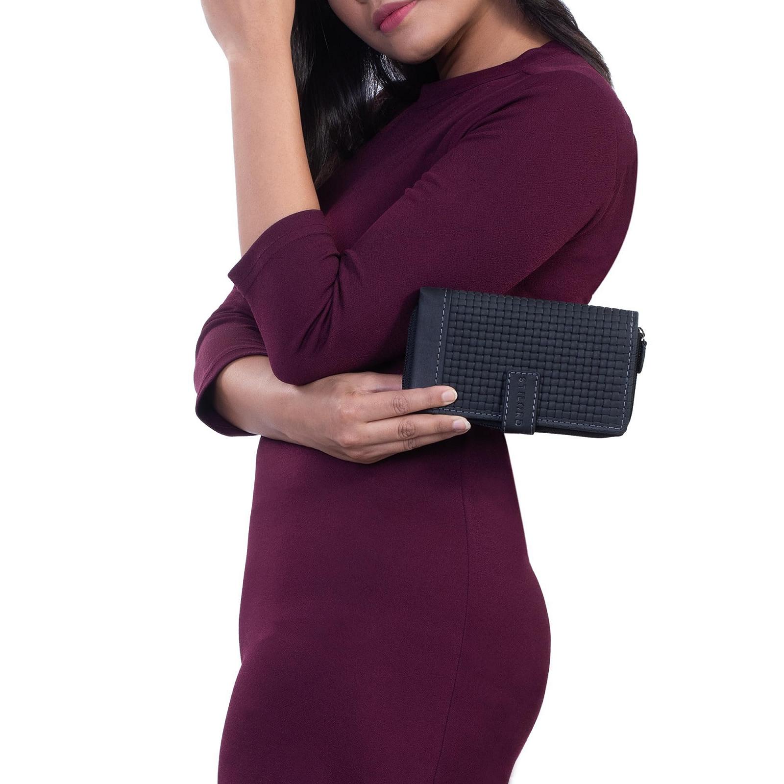 Кошелек STILORD 'Isabella' Кожаный Женский RFID защита Винтажный Плетеный кошелек для женщин Анти NFC Большой кошелек Натуральная кожа с подарочной коробкой, черный, кошелек для монет, фото №3