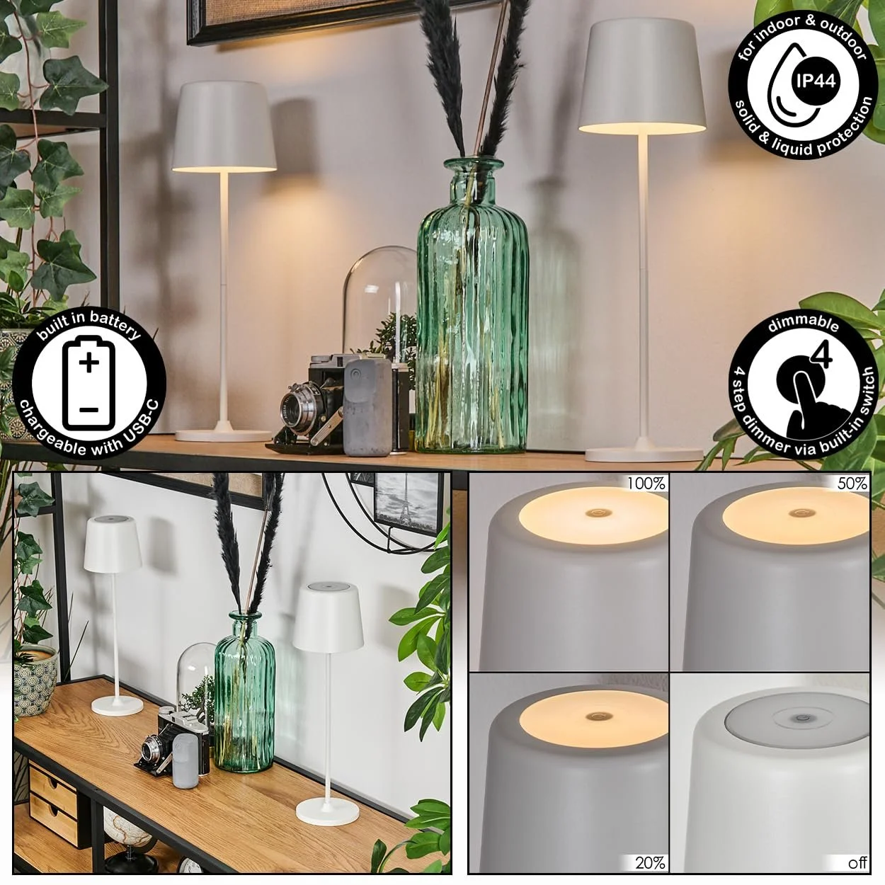 Настільна лампа HOFSTEIN Belece LED набір з 2 шт. метал / пластик акумуляторна USB-C IP44 Білий, фото №2