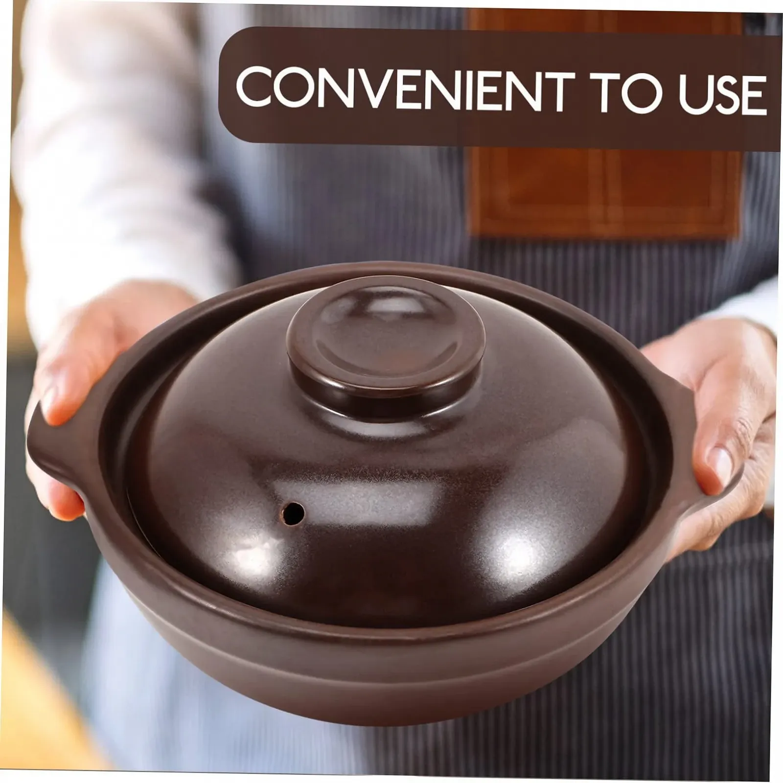 Керамическая кастрюля GALPADA с крышкой коричневая, фото №6