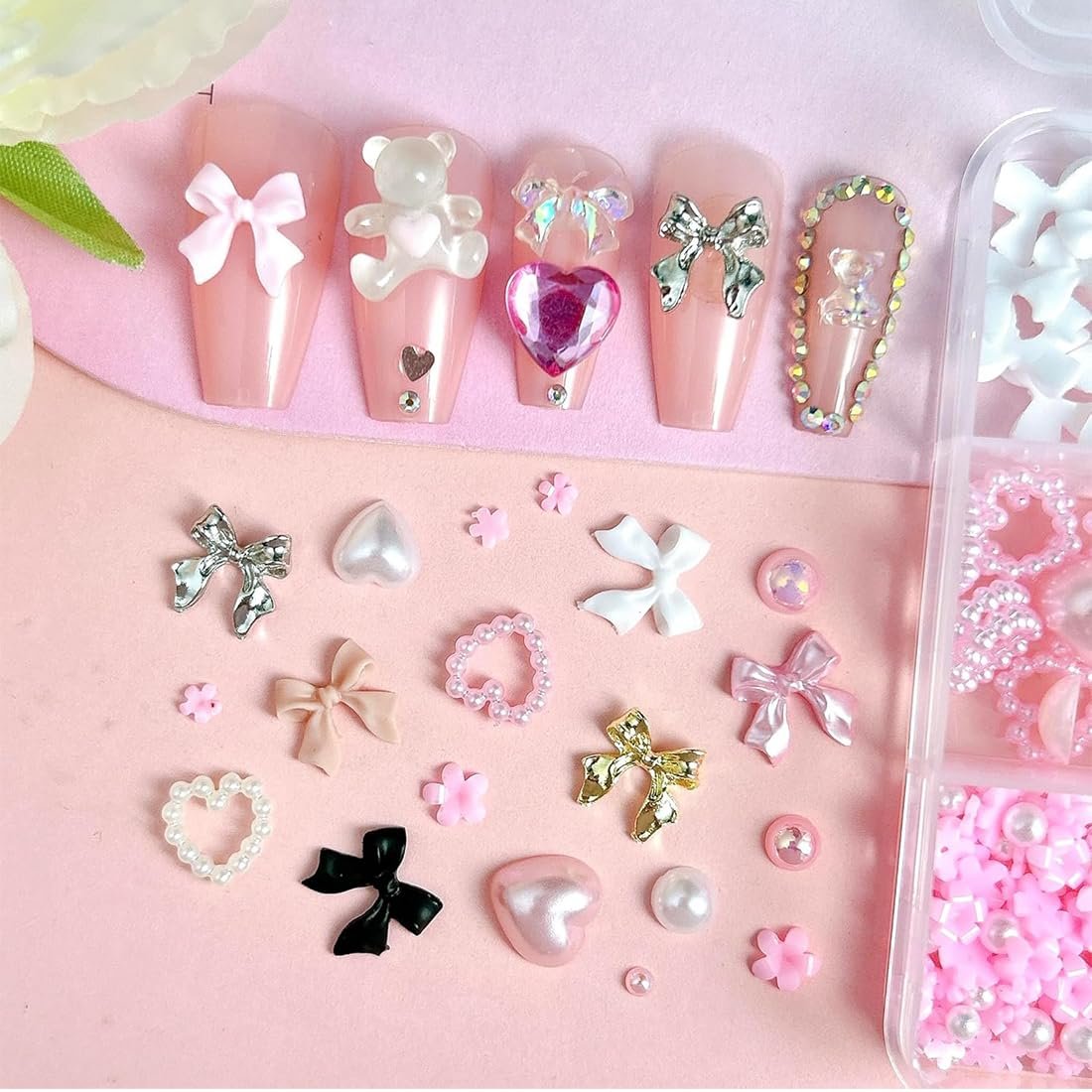 Набір прикрас для нігтів 3D смола Lazure + Перли/Прикраса для нігтів Серце/Квітка з восковою ручкою та інструментом для підбору страз, фото №6