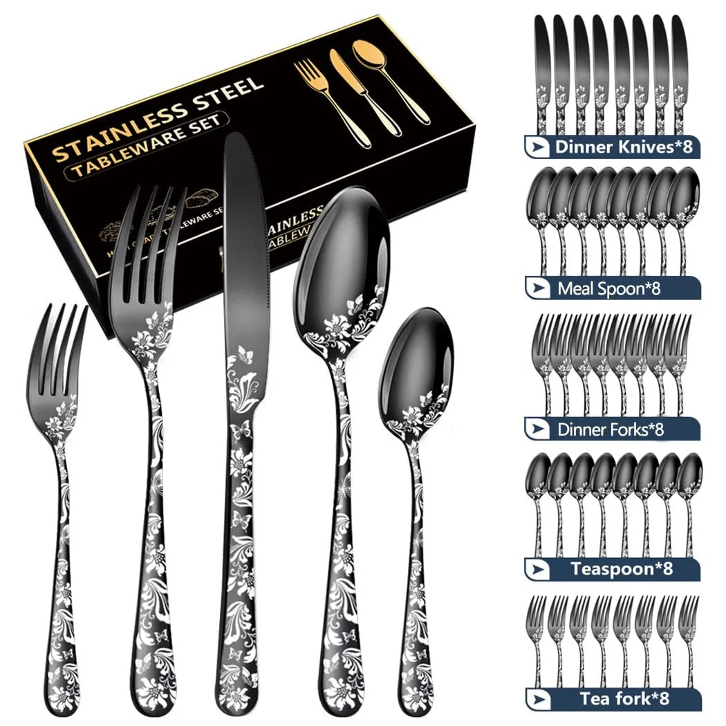 Набор столовых приборов XIAOYU 40 предметов, нержавеющая сталь, уникальный узор, включает обеденные ножи/вилки/ложки, полированный, серебряный, фото №4