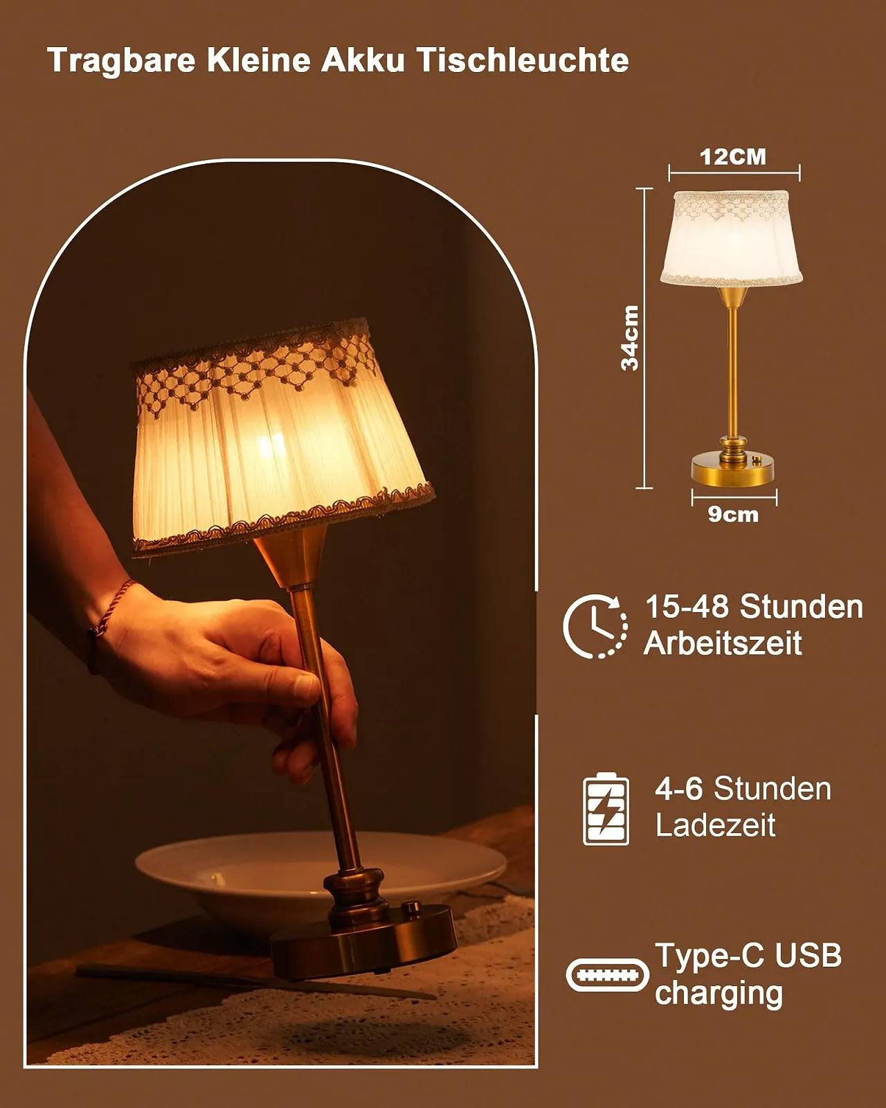 Настільна лампа OCEST бездротова акумуляторна димована тепле світло латунь, фото №4