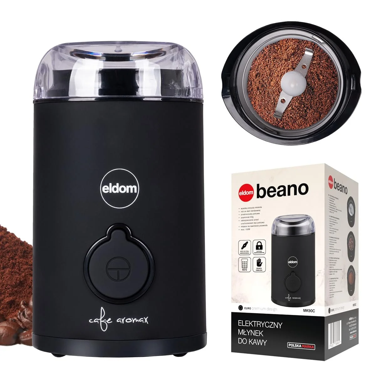 Электрическая кофемолка Eldom MK90C 60 г, лезвия из нержавеющей стали, черная, мощность 150 Вт, фото №1