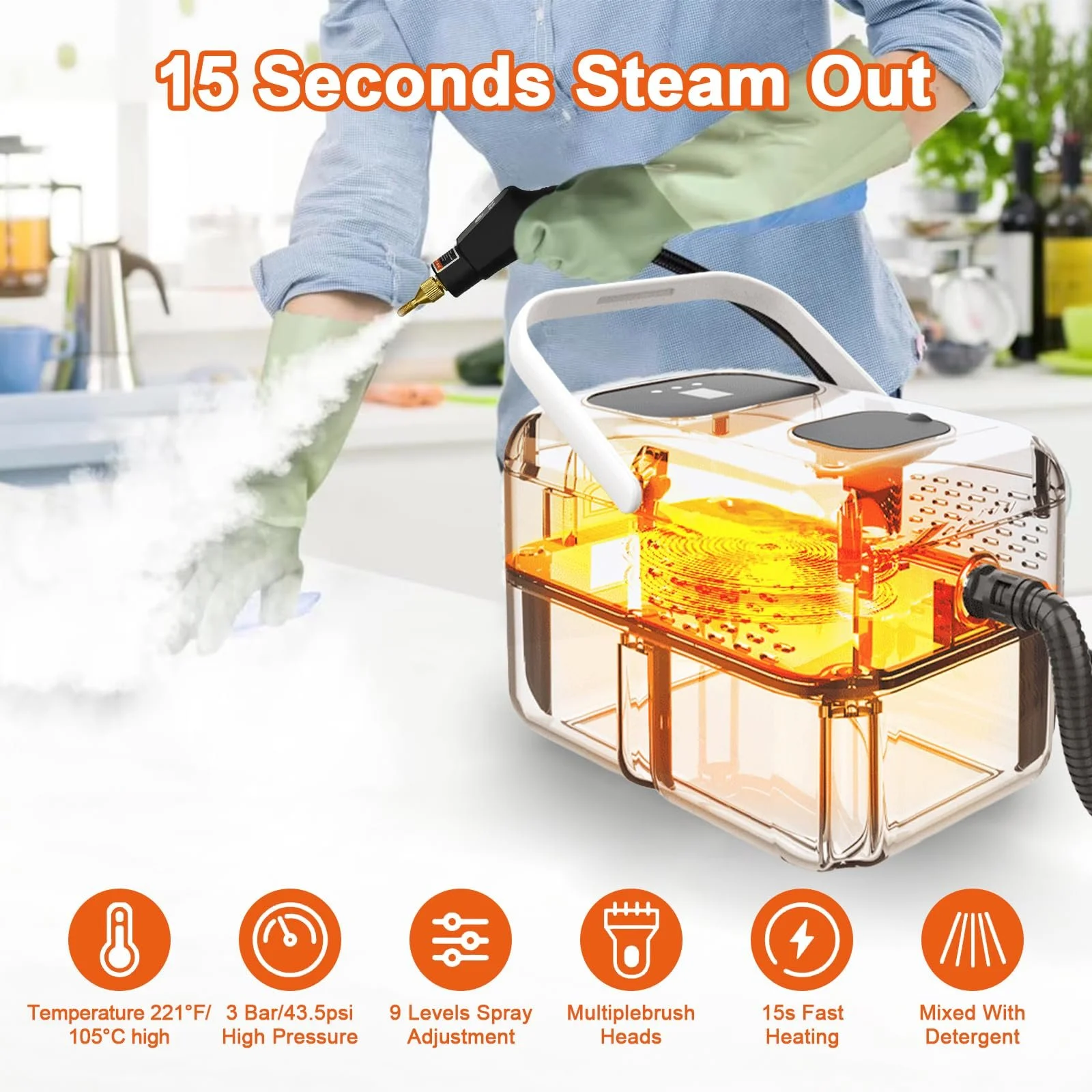 Пароочисник ручний 2500 Вт 9 рівнів цифровий екран, фото №4