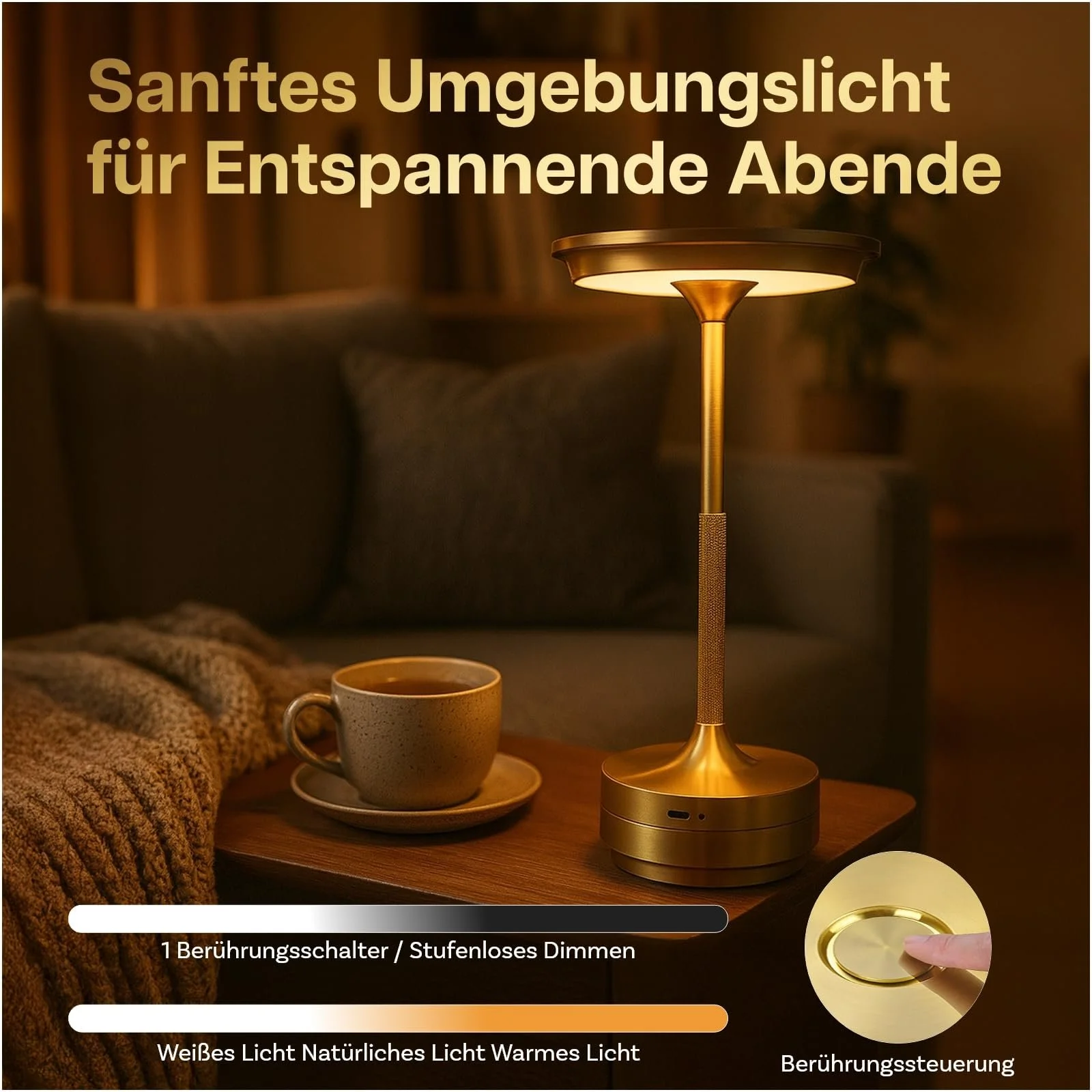 Настільна лампа MMOBIEL бездротова LED кругла металева з акумулятором 1800 мАг USB-C Золота, фото №2