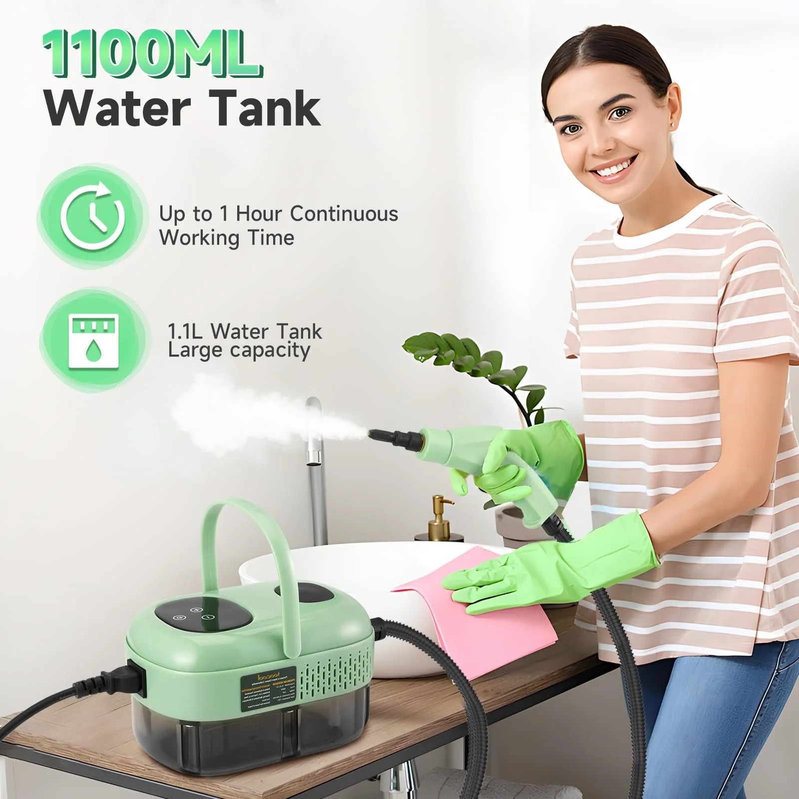 Пароочисник портативний 2500 Вт 1100 мл з 3 насадками-щітками Зелений, фото №3