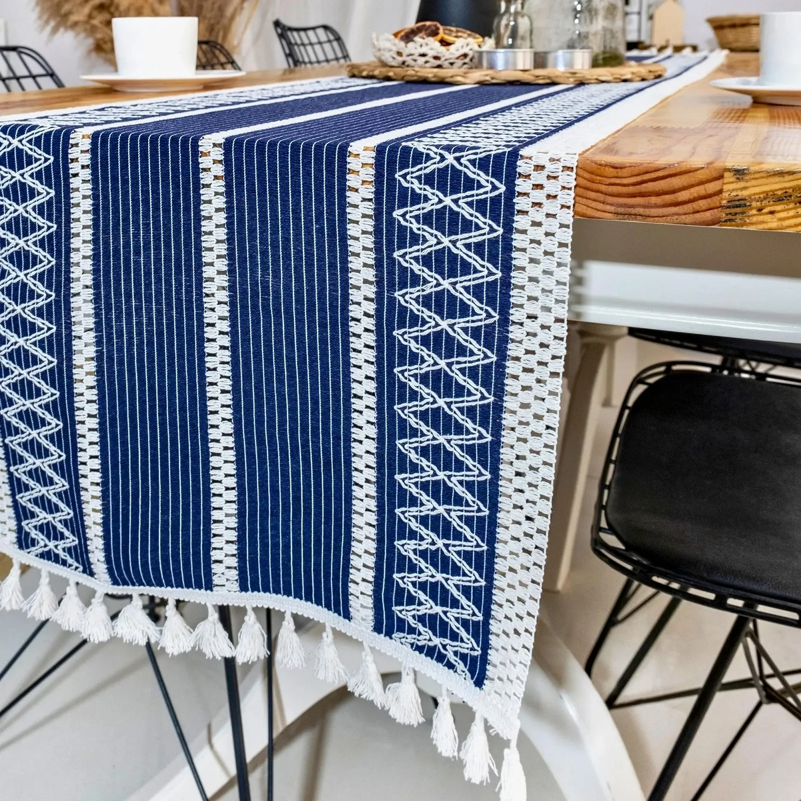 Доріжка на стіл 100% Natural Cotton 14x60 дюймів Плетені смужки Handmade Темно-синя, фото №4