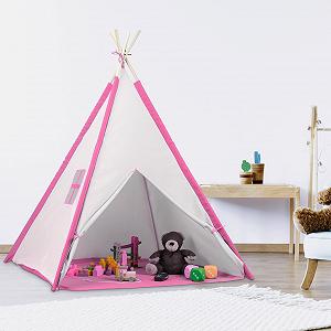 Игровой шатер Relaxdays Вигвам для детей с полом 154 x 124 x 124 см Бело-розовый synthetic.ua - Фото 1