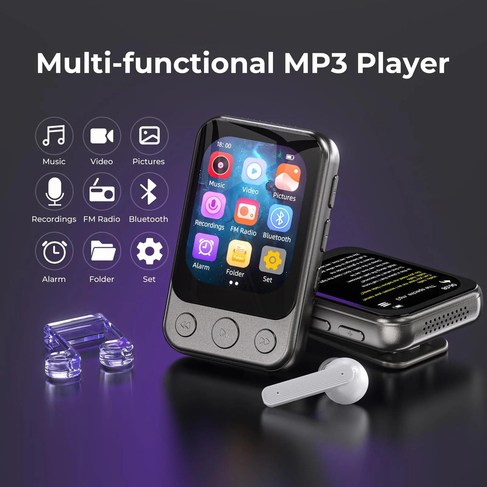 MP3-плеер 64GB Bluetooth 5.3 с клипсой и динамиком, спортивный музыкальный плеер с сенсорным экраном и кнопками, независимая регулировка громкости, FM-радио, запись голоса, расширение до 128GB, фото №8