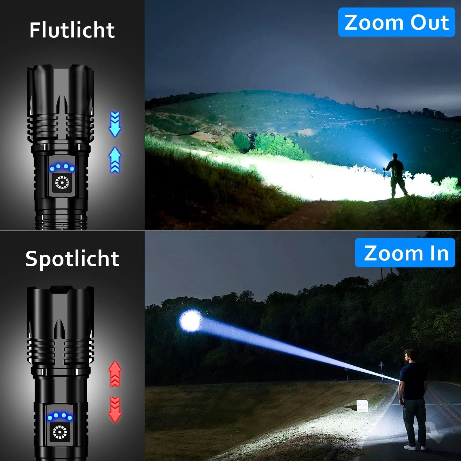 LED Ліхтар USB C Перезаряджуваний 50000 Люмен 24 Години Час Роботи Зум з 5 Режимами Освітлення IP67 Водонепроникний Акумуляторний Тактичний для Кемпінгу Пішого Туризму Надзвичайних Ситуацій, фото №5