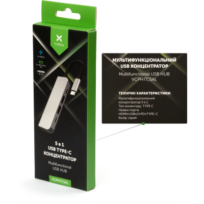 Концентратор Vinga Type-C to 4K HDMI+2*USB3.0+PD+USB-C 3.1 Gen1 aluminum VCPHTC5AL, фото №4