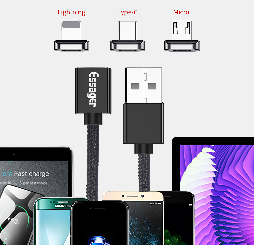 Магнитный кабель красный ESSAGER micro USB Type-C iPhone 1метр, фото №4