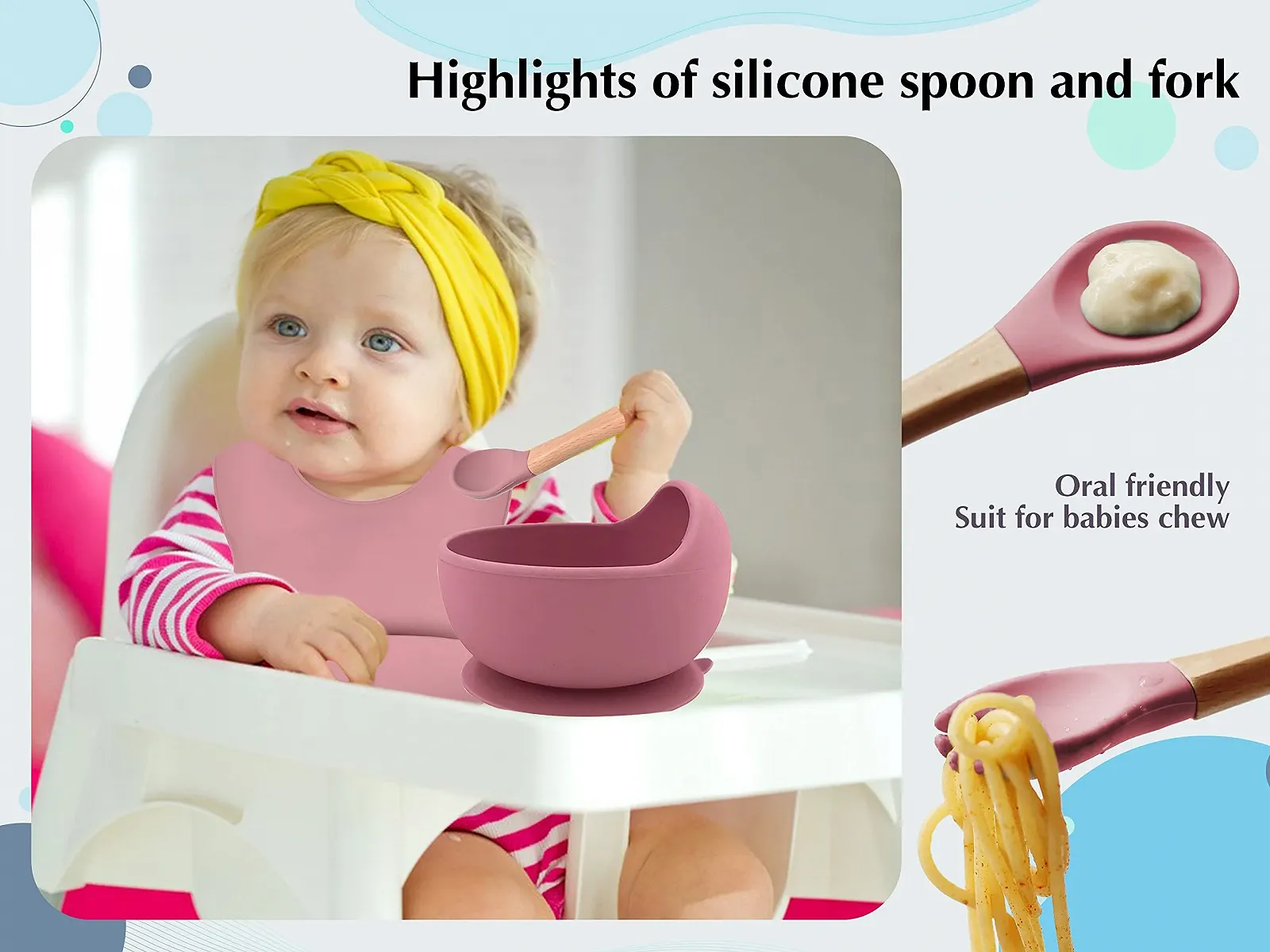 Набір дитячого посуду Hoseay Силіконовий 5 предметів Нековзний Дитяча тарілка з присоскою Миска Слинявчик Ложка Вилка Миється Без BPA Рожевий, фото №3 Набір дитячого посуду Hoseay Силіконовий 5 предметів Нековзний Дитяча тарілка з присоскою Миска Слинявчик Ложка Вилка Миється Без BPA Рожевий, фото №3