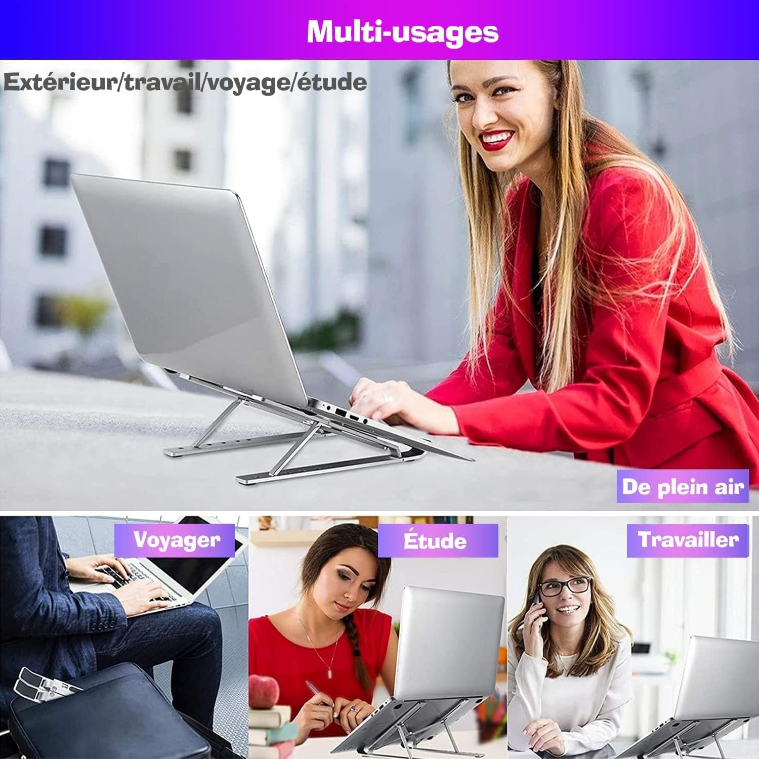 Подставка для ноутбука, регулируемая по высоте (7 положений), портативная, складная, алюминиевая, вентилируемая, силиконовая нескользящая подставка для ноутбука, 10-15.4 дюймов, серебряная, фото №5 Подставка для ноутбука, регулируемая по высоте (7 положений), портативная, складная, алюминиевая, вентилируемая, силиконовая нескользящая подставка для ноутбука, 10-15.4 дюймов, серебряная, фото №5