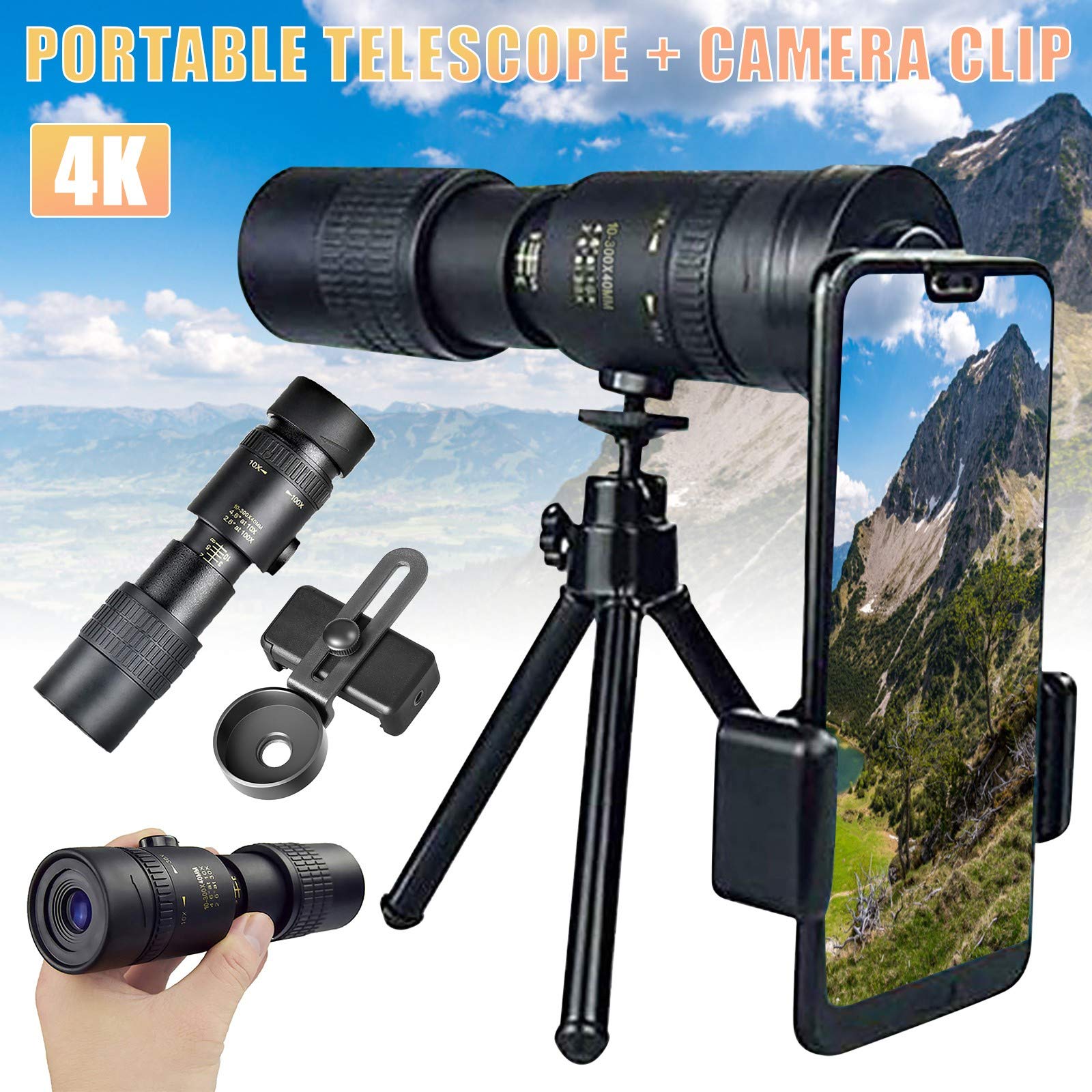 Монокуляр Super Telephoto Zoom 4K 10-300 x 40 мм Портативний з адаптером для смартфона та штативом, фото №4