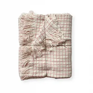 Покривало JOWOLLINA Двостороння клітка Льон Stonewashed (Брудний білий/Рожевий, 148 x 210 см) - Фото 1