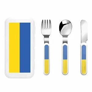 Набір дитячих столових приборів з принтом прапора України, три предмети, багаторазовий - Фото 1