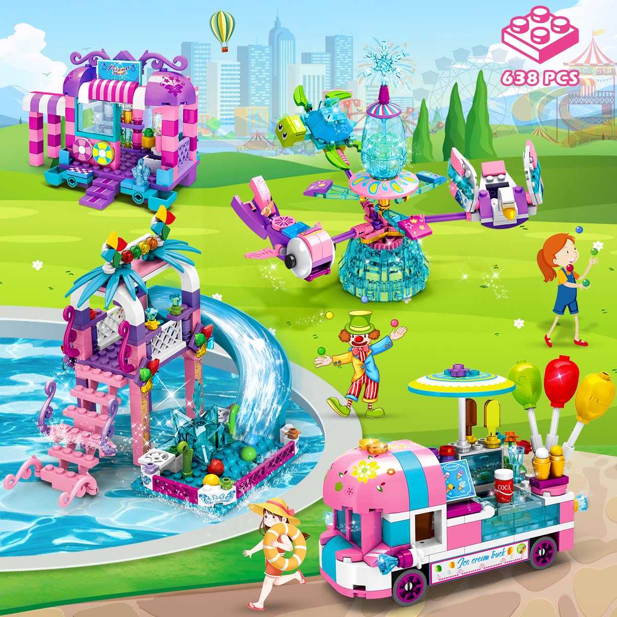 Набір HOGOKIDS Amusement Park Slide Kit 684 шт. Ice Cream Truck Friends 4-в-1 Принцеса Водний парк Іграшка для дівчаток 6 7 8 9 10 років, фото №4