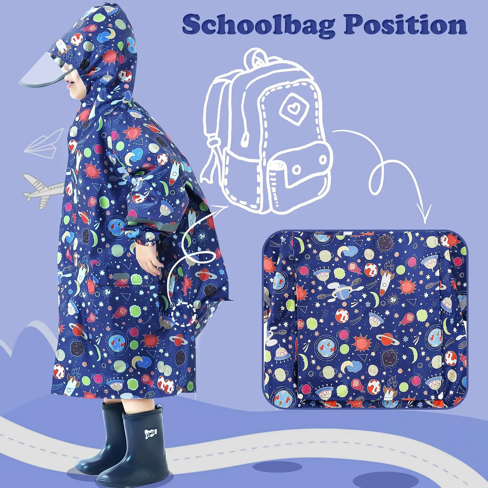 Дощовик Дитячий для хлопчиків Domueay, водонепроникний, дихаючий, з капюшоном, легка цільна дощова накидка, верхній одяг для активного відпочинку з чохлом для рюкзака, унісекс, 3-12 років, фото №4 Дощовик Дитячий для хлопчиків Domueay, водонепроникний, дихаючий, з капюшоном, легка цільна дощова накидка, верхній одяг для активного відпочинку з чохлом для рюкзака, унісекс, 3-12 років, фото №4