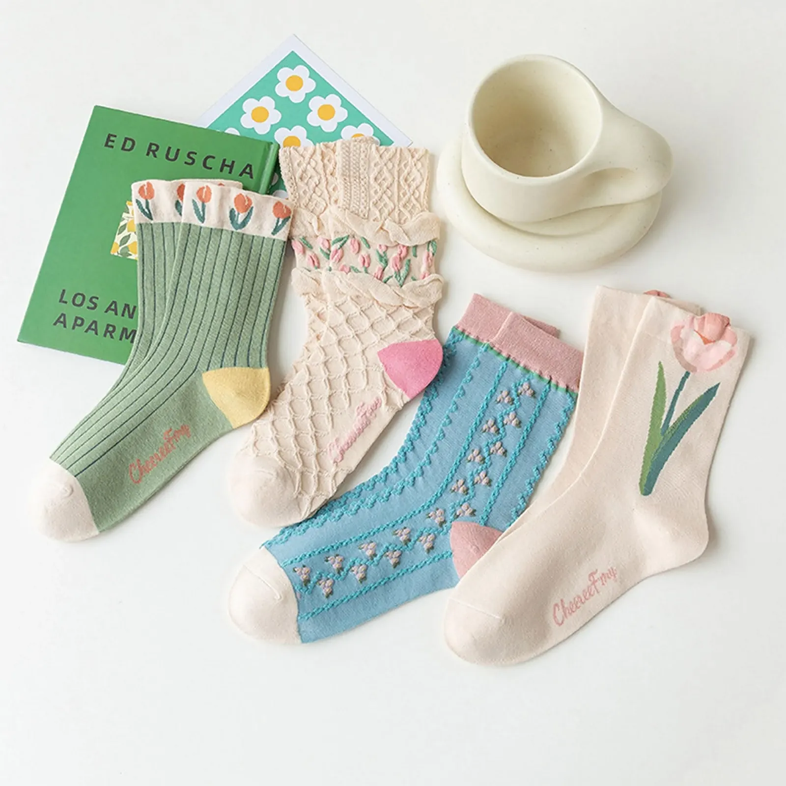 Шкарпетки з оборками (4 пари) з вишивкою тюльпанів, фото №4 Шкарпетки з оборками (4 пари) з вишивкою тюльпанів, фото №4