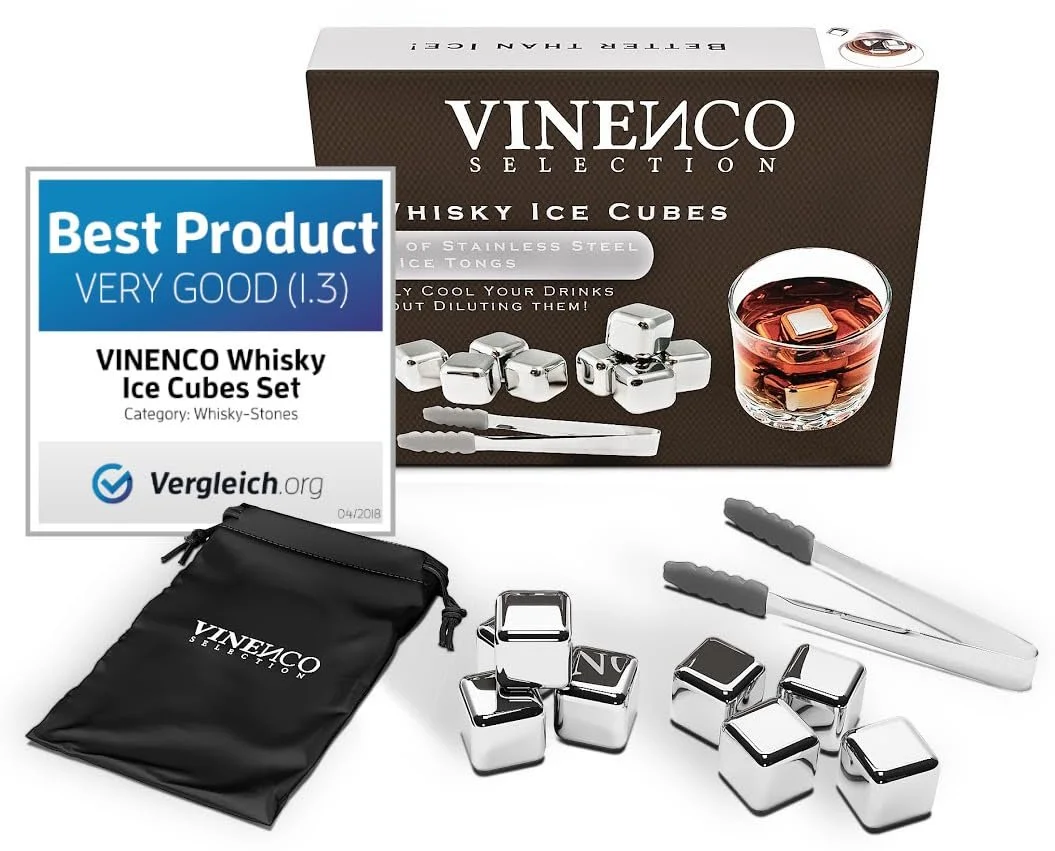 Камни для виски VINENCO, 8 многоразовых охлаждающих кубиков из нержавеющей стали + мешочек для хранения, фото №1 Камни для виски VINENCO, 8 многоразовых охлаждающих кубиков из нержавеющей стали + мешочек для хранения, фото №1