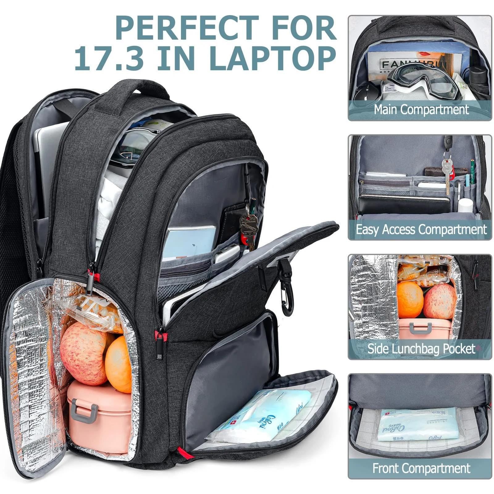 Рюкзак для ноутбука 17.3 Inch Lunch Backpack Waterproof USB Charging Port Черный, фото №2