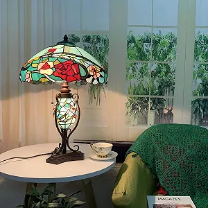 Настільна лампа Bieye Tiffany Style L30738 подвійне підсвічування вітражне скло пелюстки троянд 16"x24" synthetic.ua - Фото 1